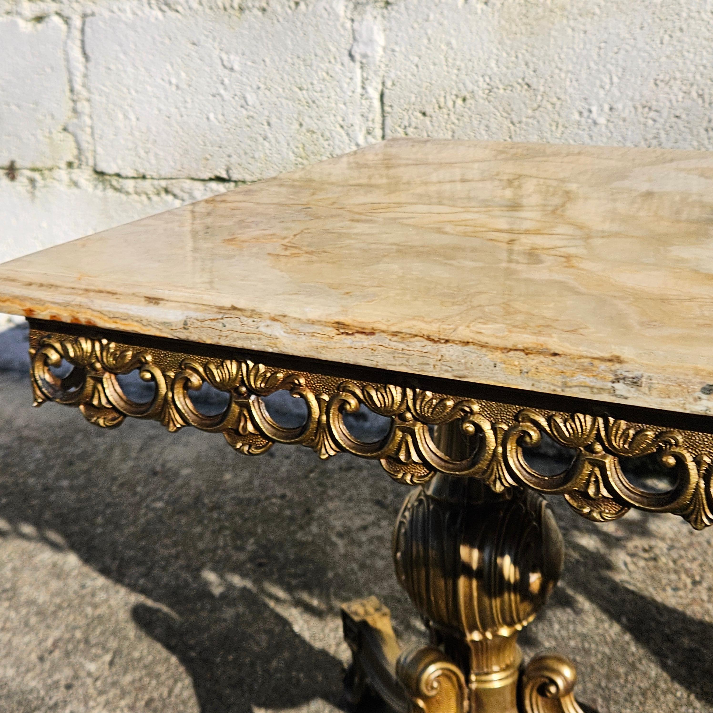 Brushed Vintage Onyx Marble and Brass Coffee Table-Cocktail Table-Rococo Style 60s