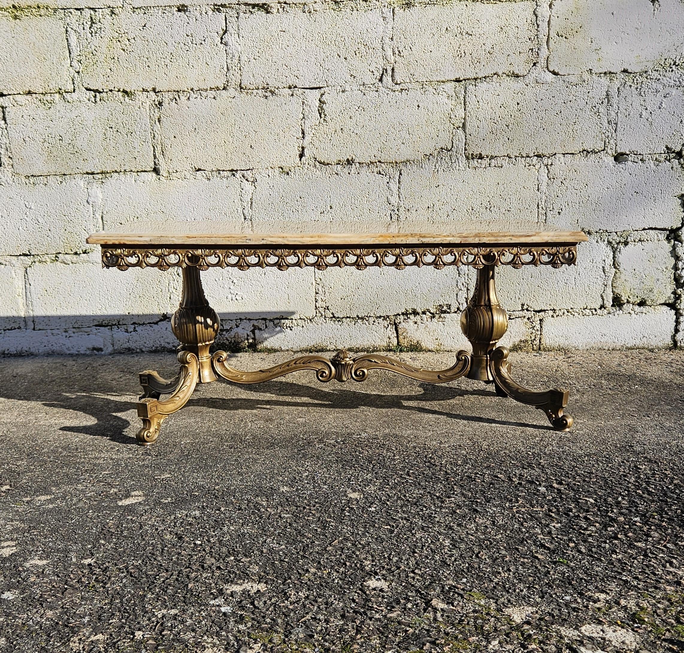 Mid-20th Century Vintage Onyx Marble and Brass Coffee Table-Cocktail Table-Rococo Style 60s