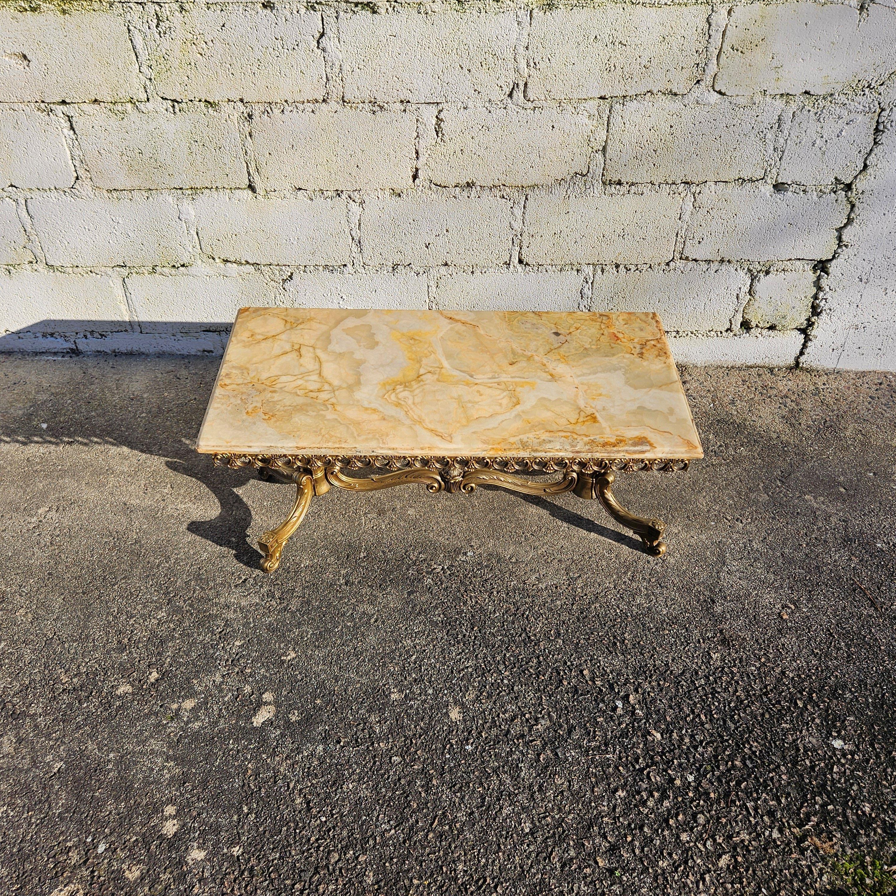 Vintage Onyx Marble and Brass Coffee Table-Cocktail Table-Rococo Style 60s 1