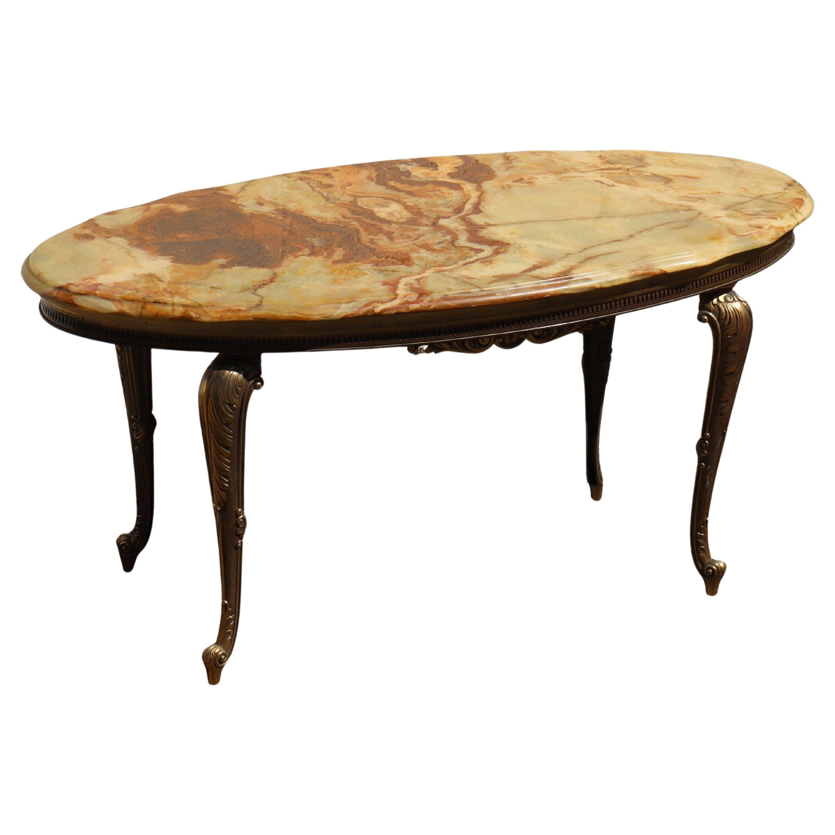 Vintage Onyx Marble and Brass Coffee Table- Lounge Table-Style Louis XV- 70s