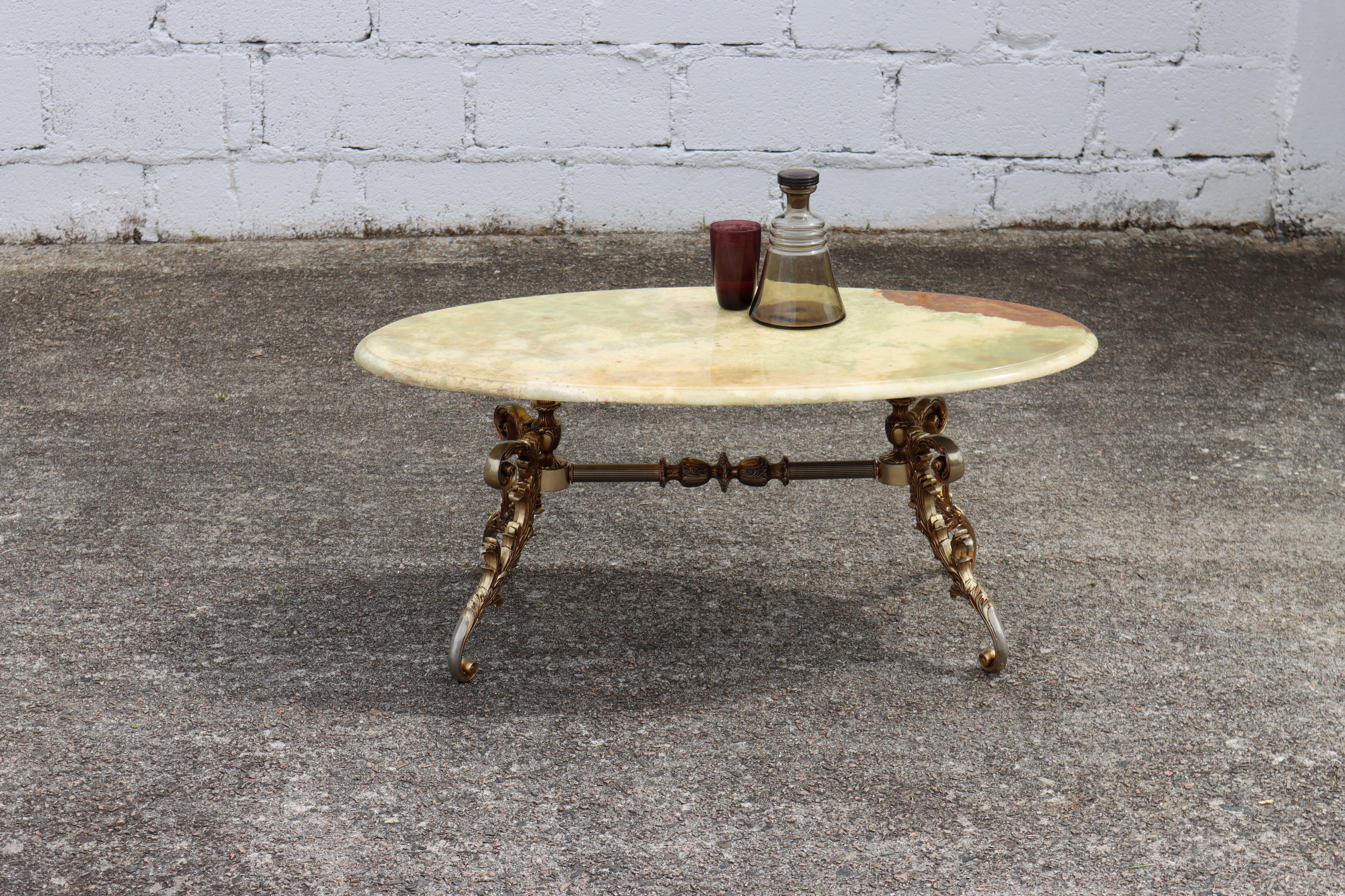 French Vintage Onyx Marble & Brass Coffee Table-Cocktail Table-Lounge Table-70s