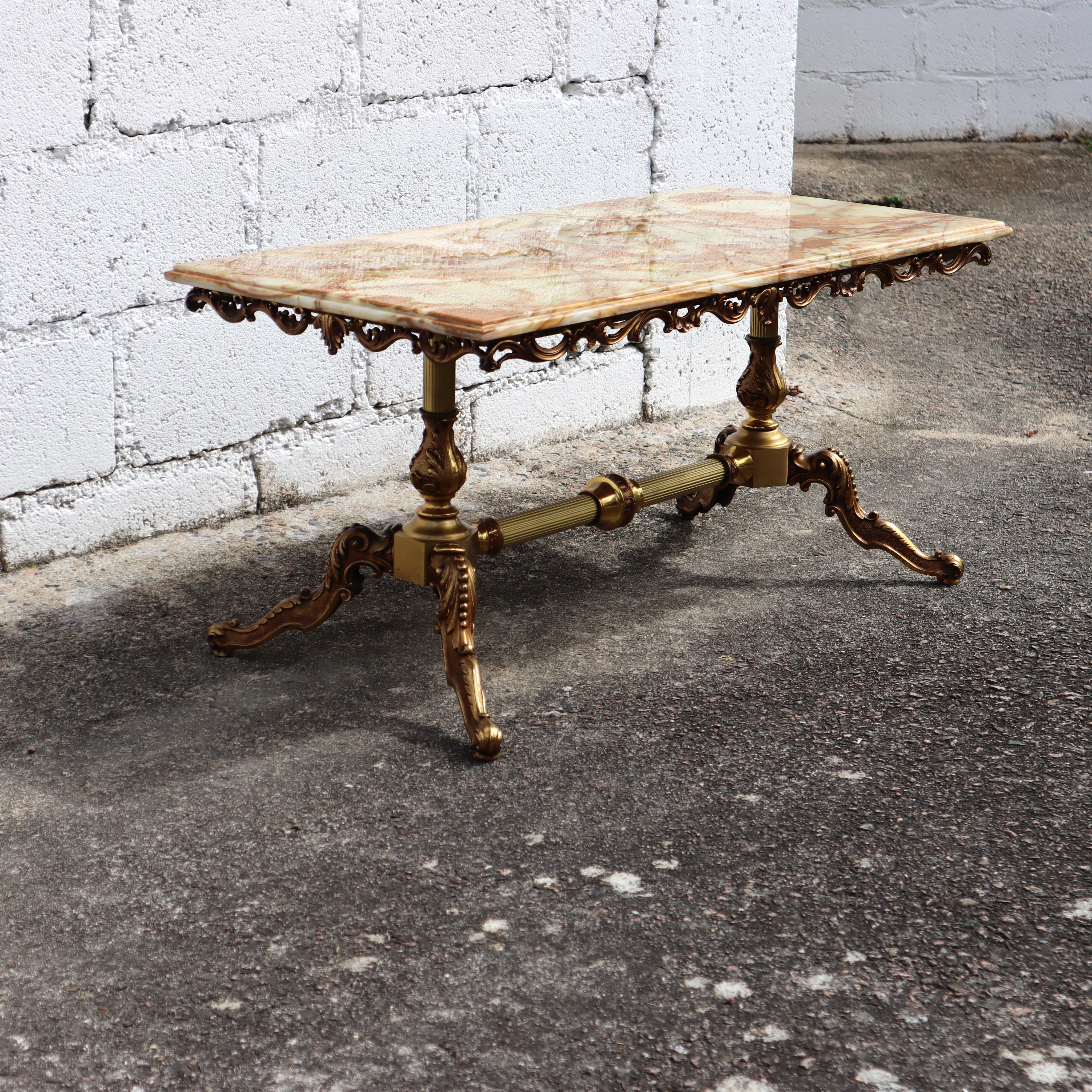 Cast Vintage Onyx Marble &Bronze Coffee Table-Cocktail Table-Lounge Table-70s For Sale