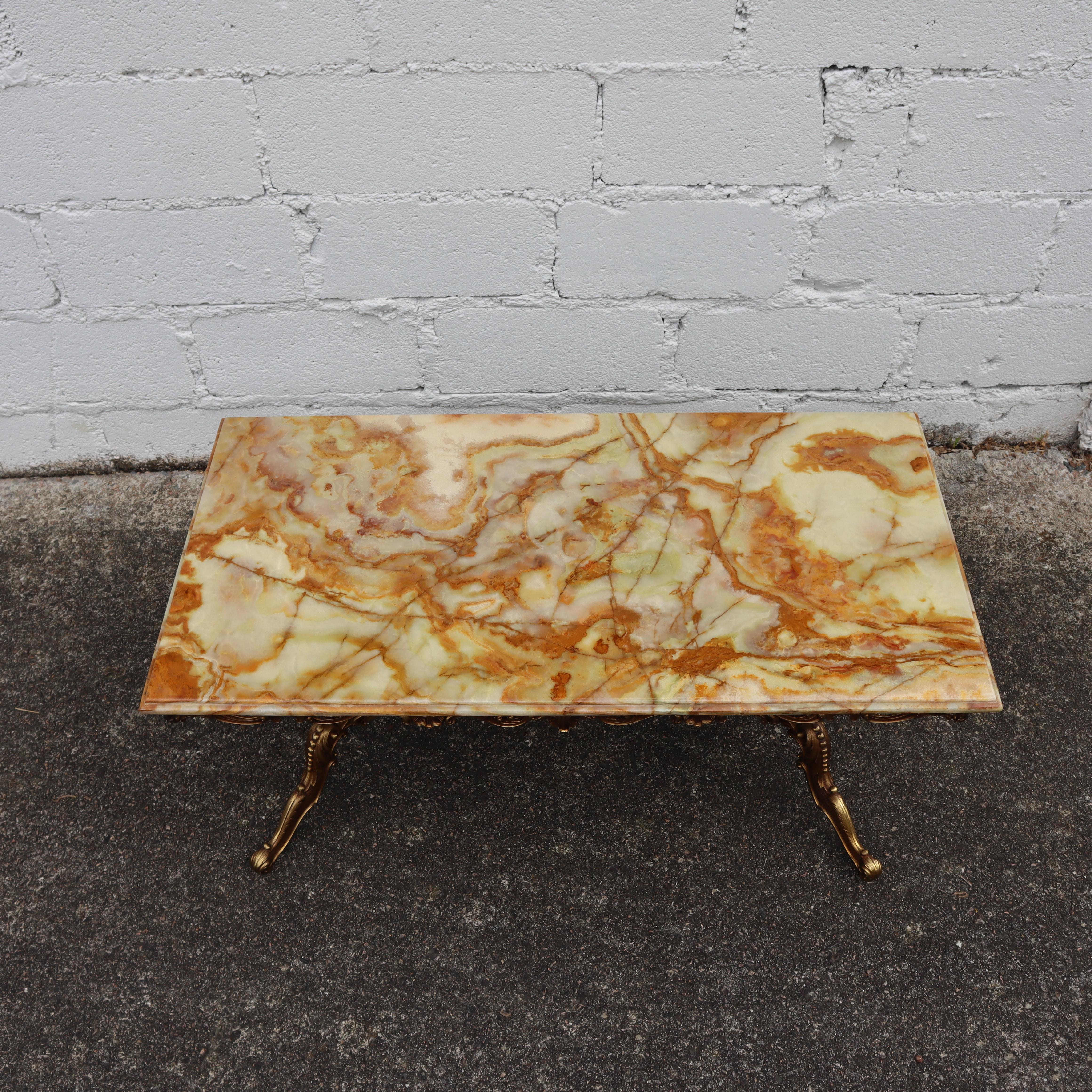 Brass Vintage Onyx Marble &Bronze Coffee Table-Cocktail Table-Lounge Table-70s