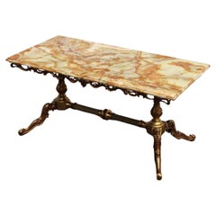 Table basse vintage en marbre onyx et bronze - Table à queue d'aronde - Table de salon des années 70