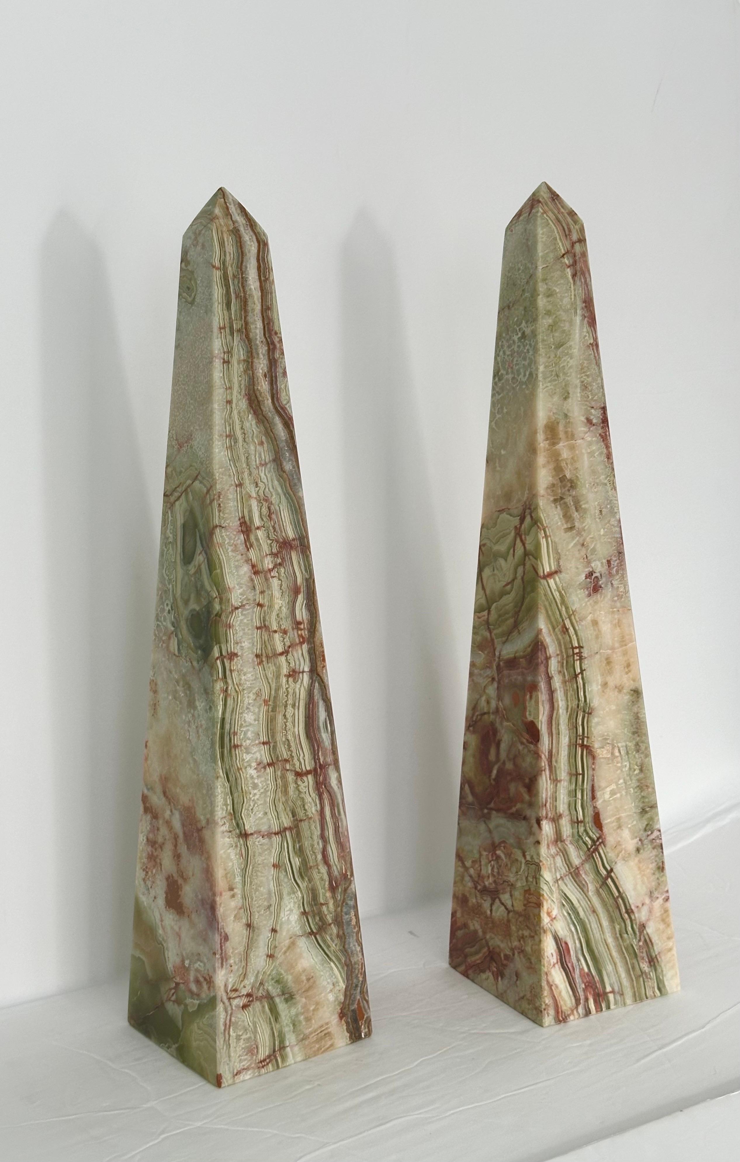Classical Roman Vintage Onyx Marble Green and Brown Stone Obelisks – a Pair 