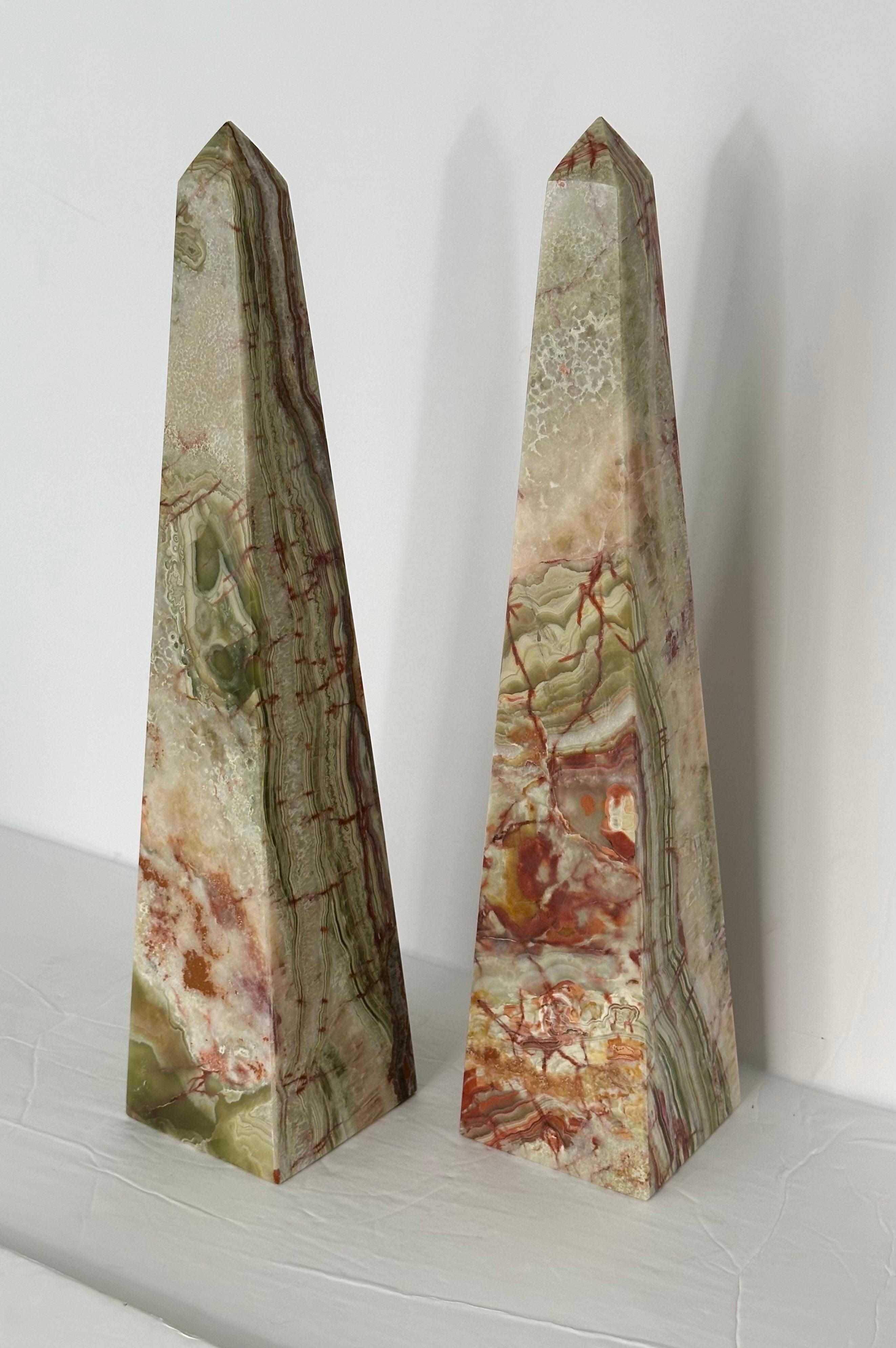 Italian Vintage Onyx Marble Green and Brown Stone Obelisks – a Pair 