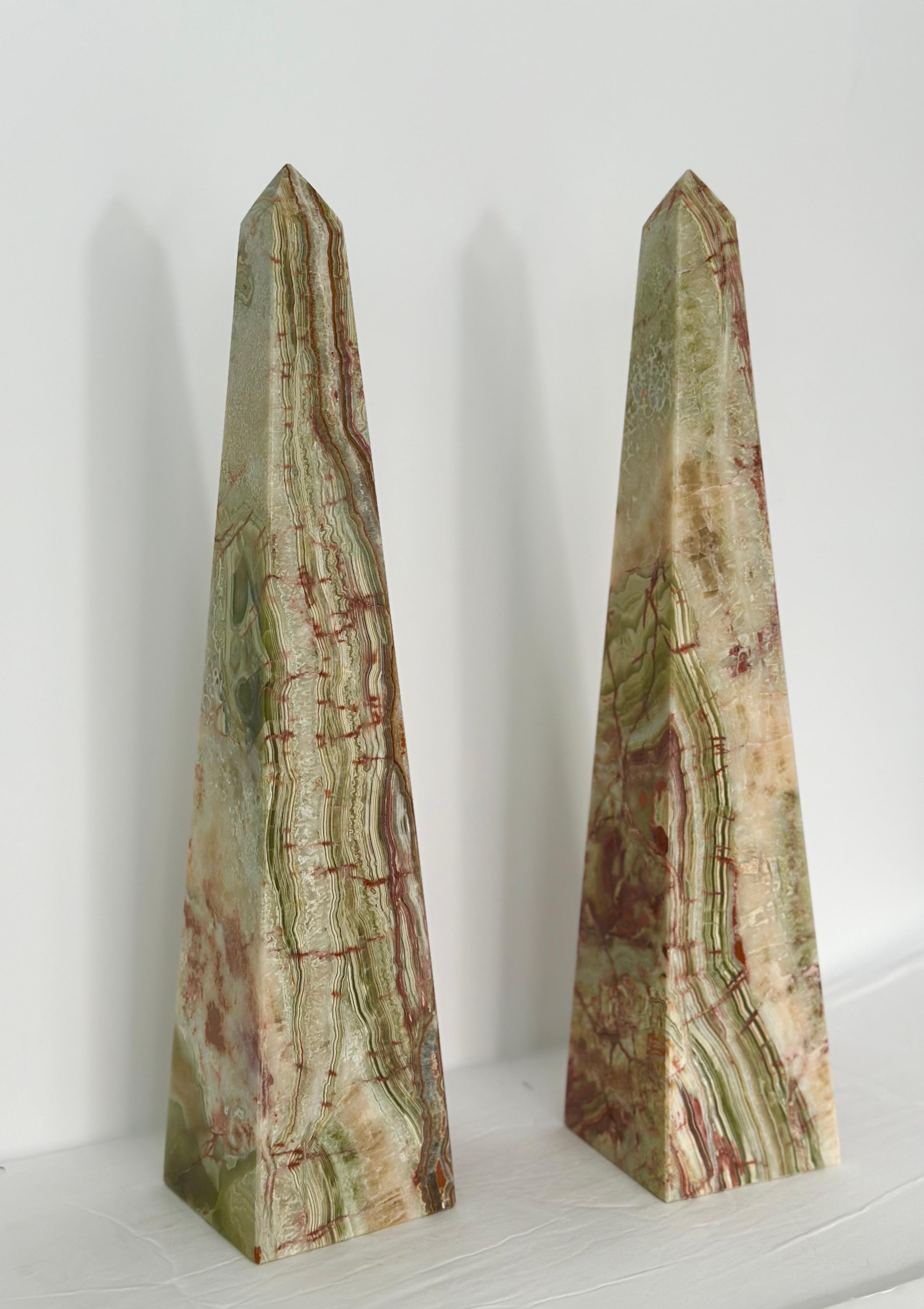 Late 20th Century Vintage Onyx Marble Green and Brown Stone Obelisks – a Pair  For Sale