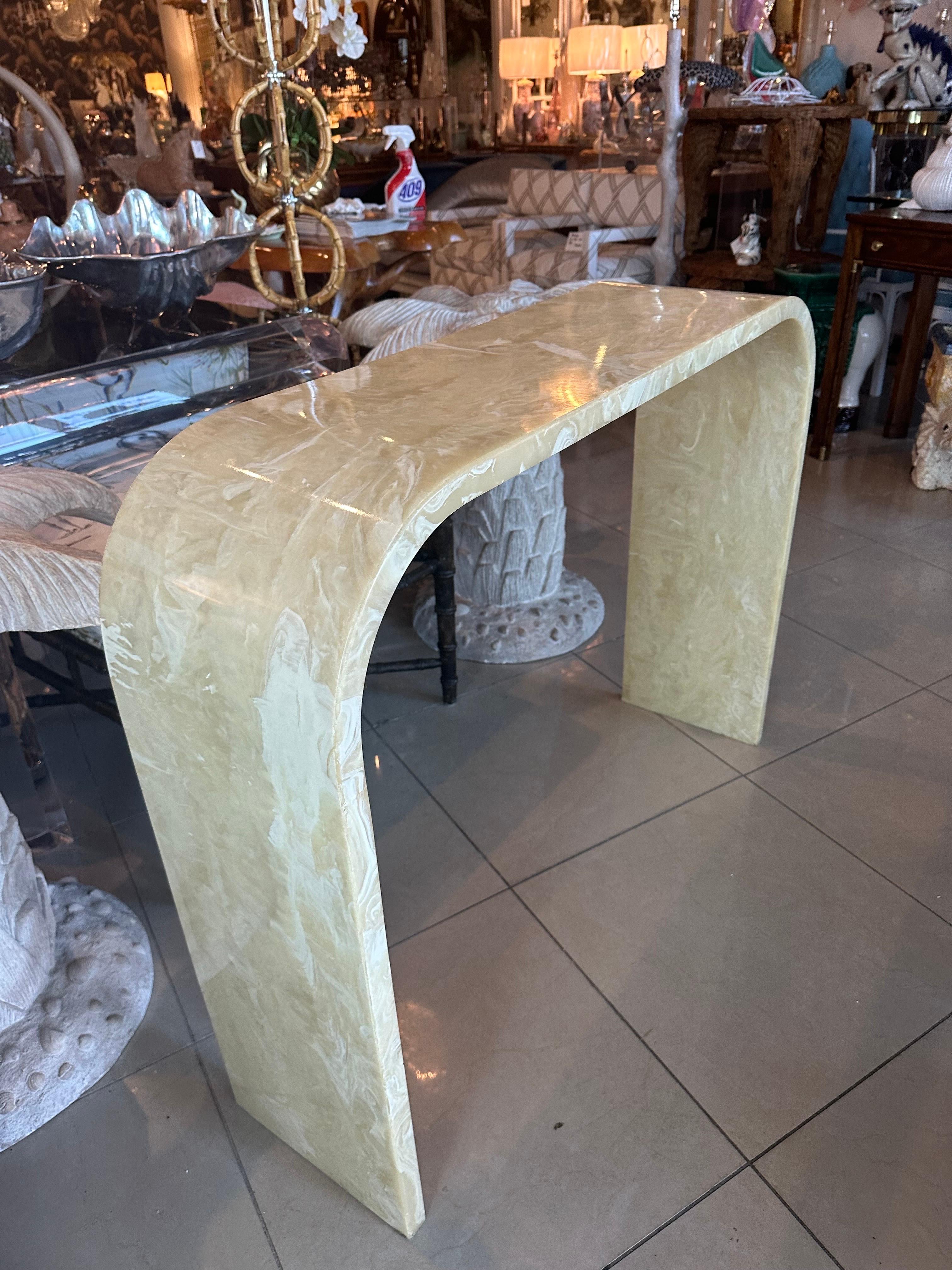 Vintage Onyx Marble Stone Waterfall Modern Console Entry Way Table For Sale 4