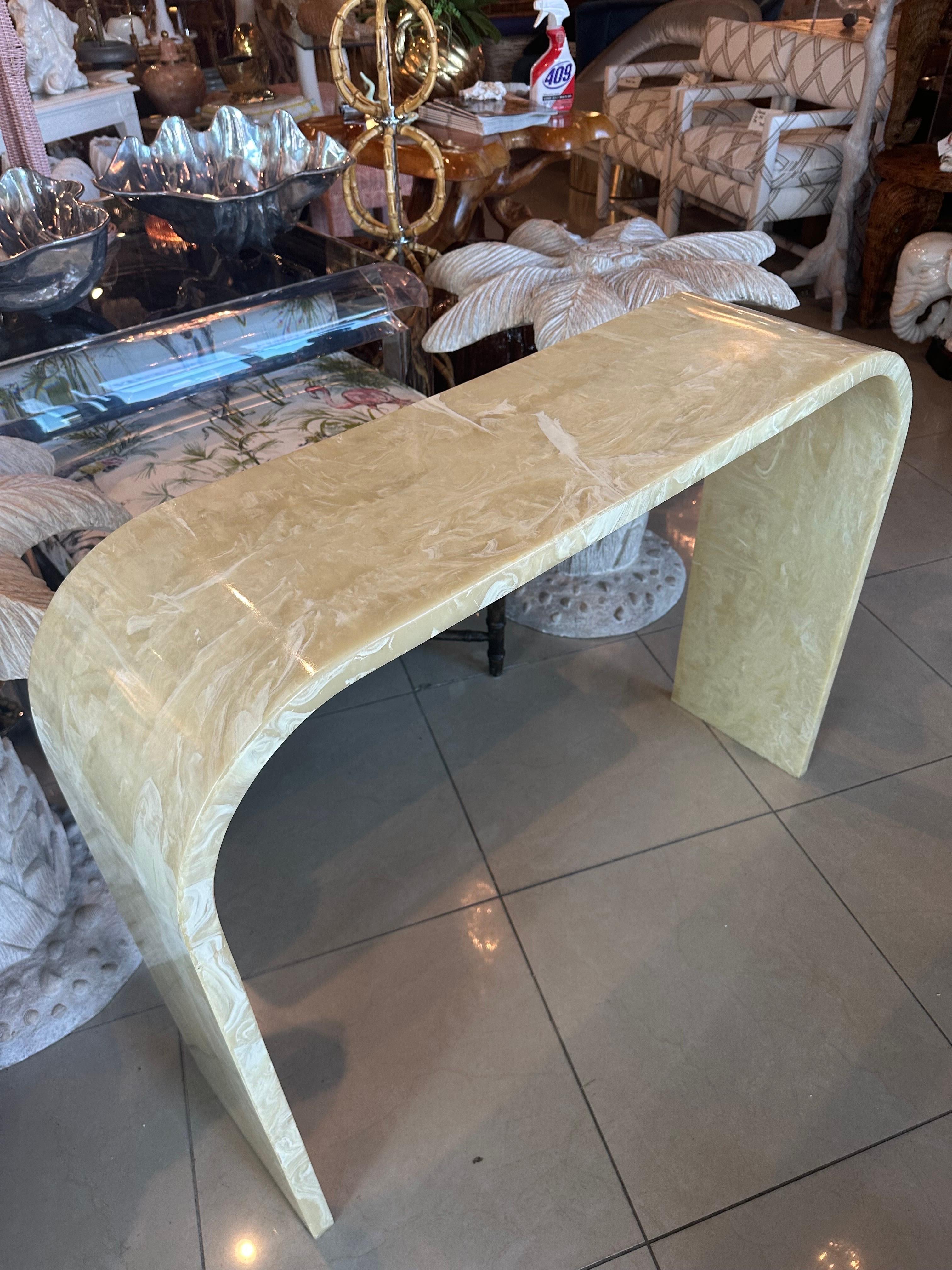 Vintage Onyx Marble Stone Waterfall Modern Console Entry Way Table In Good Condition For Sale In West Palm Beach, FL