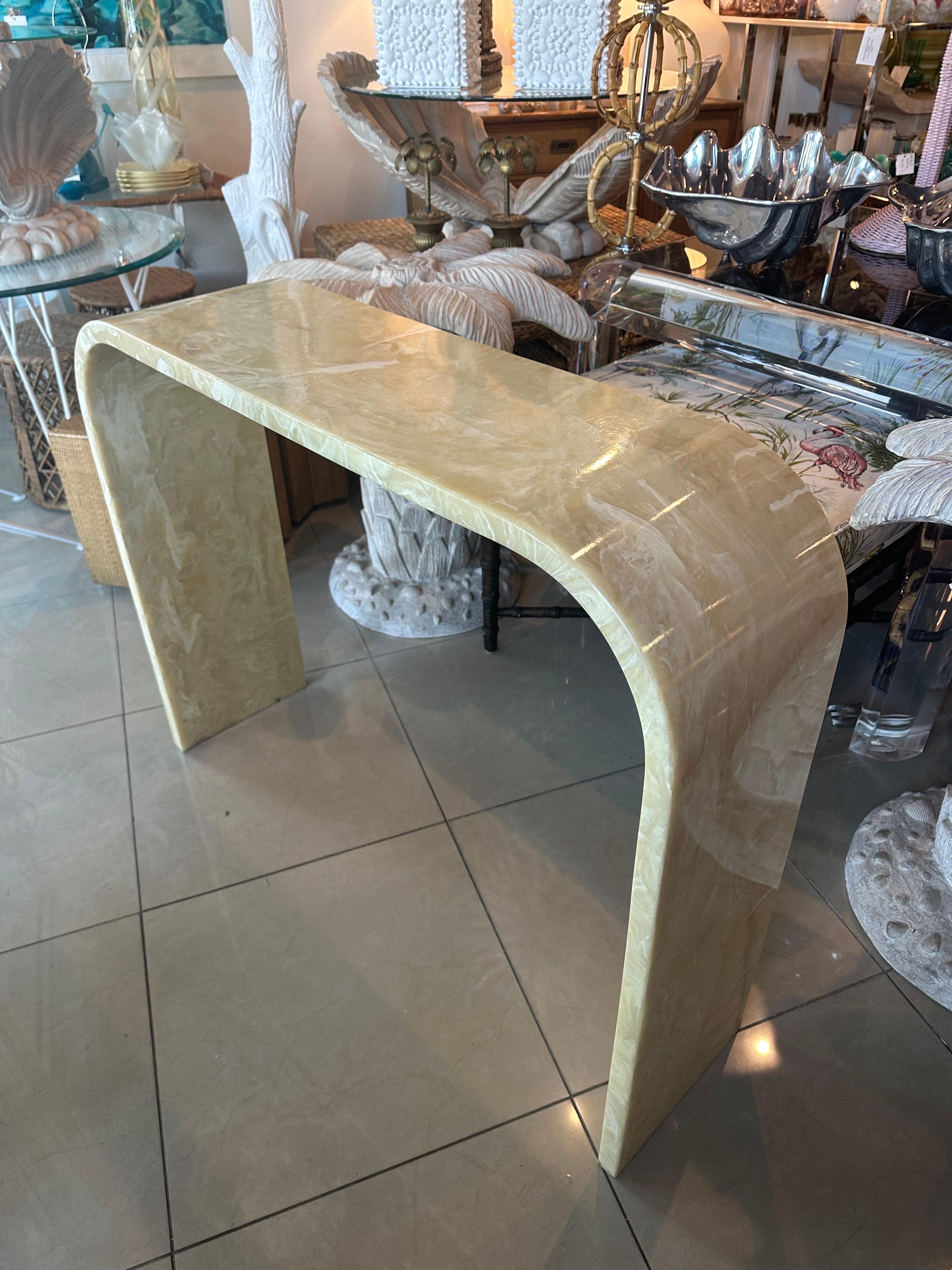 Vintage Onyx Marble Stone Waterfall Modern Console Entry Way Table For Sale 1