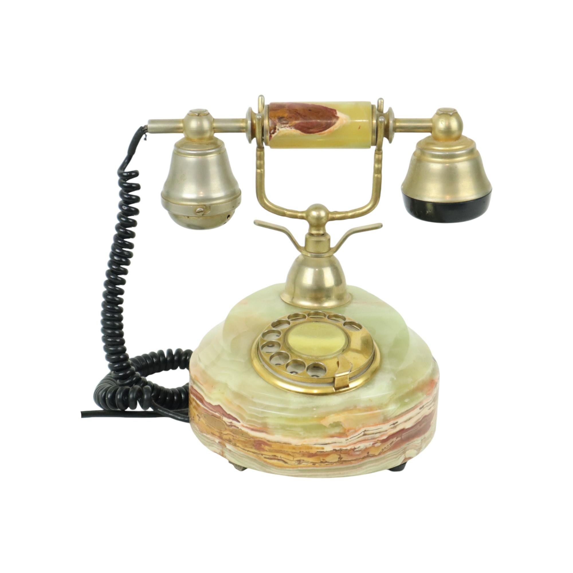 Vintage Onyx Marble Turntable Telephone 18 Carat Gold Italy For Sale 3