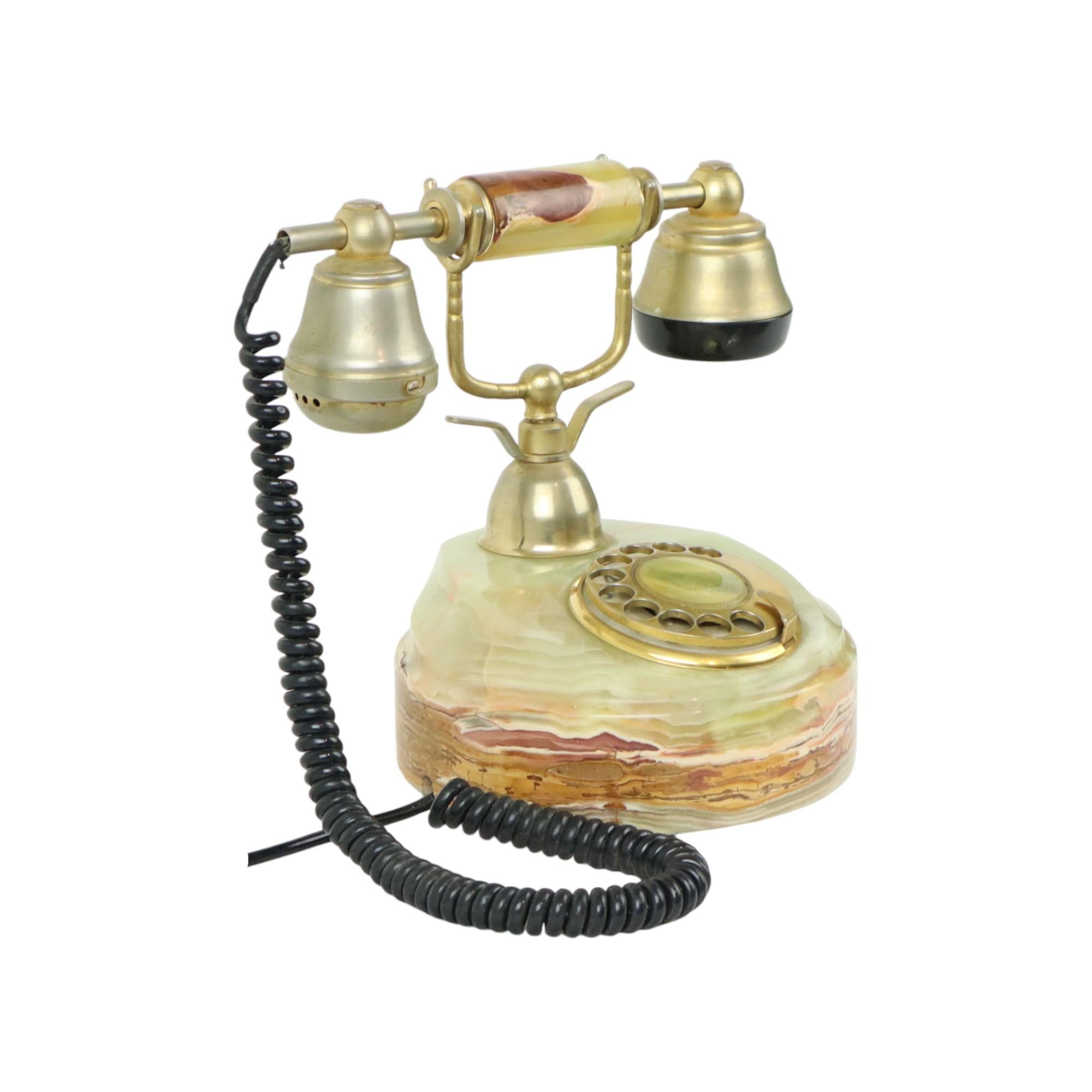Mid-Century Modern Vintage Onyx Marble Turntable Telephone 18 Carat Gold Italy For Sale