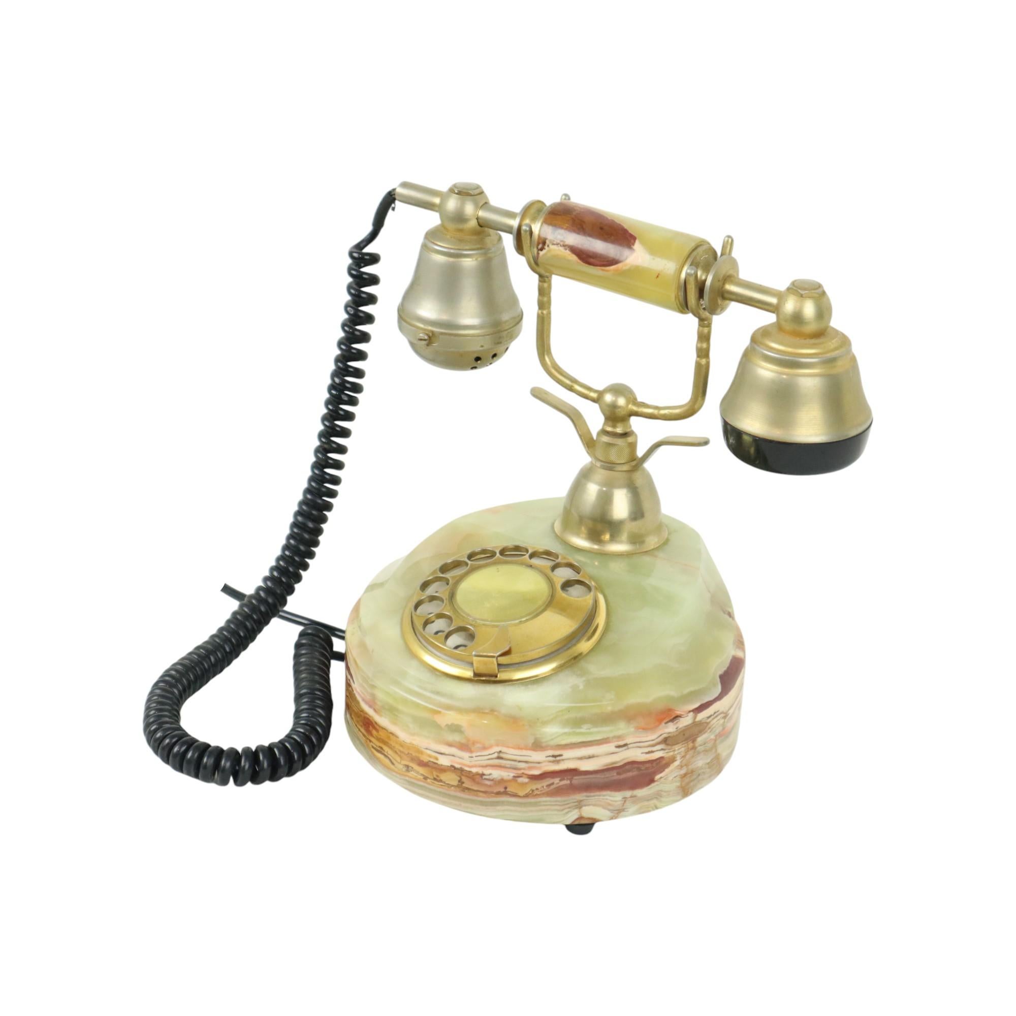 Italian Vintage Onyx Marble Turntable Telephone 18 Carat Gold Italy For Sale