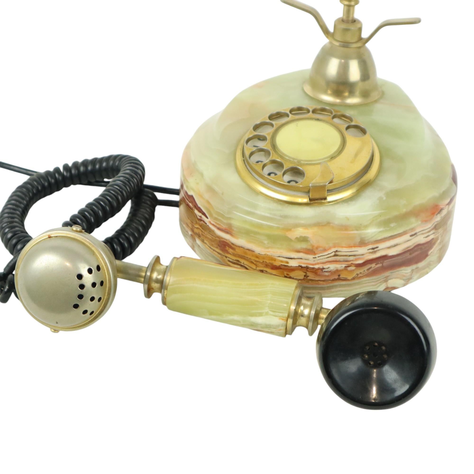Plated Vintage Onyx Marble Turntable Telephone 18 Carat Gold Italy For Sale