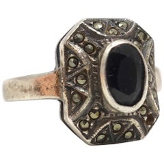 Vintage Onyx & Marcasite Sterling Ring, Size 5.5