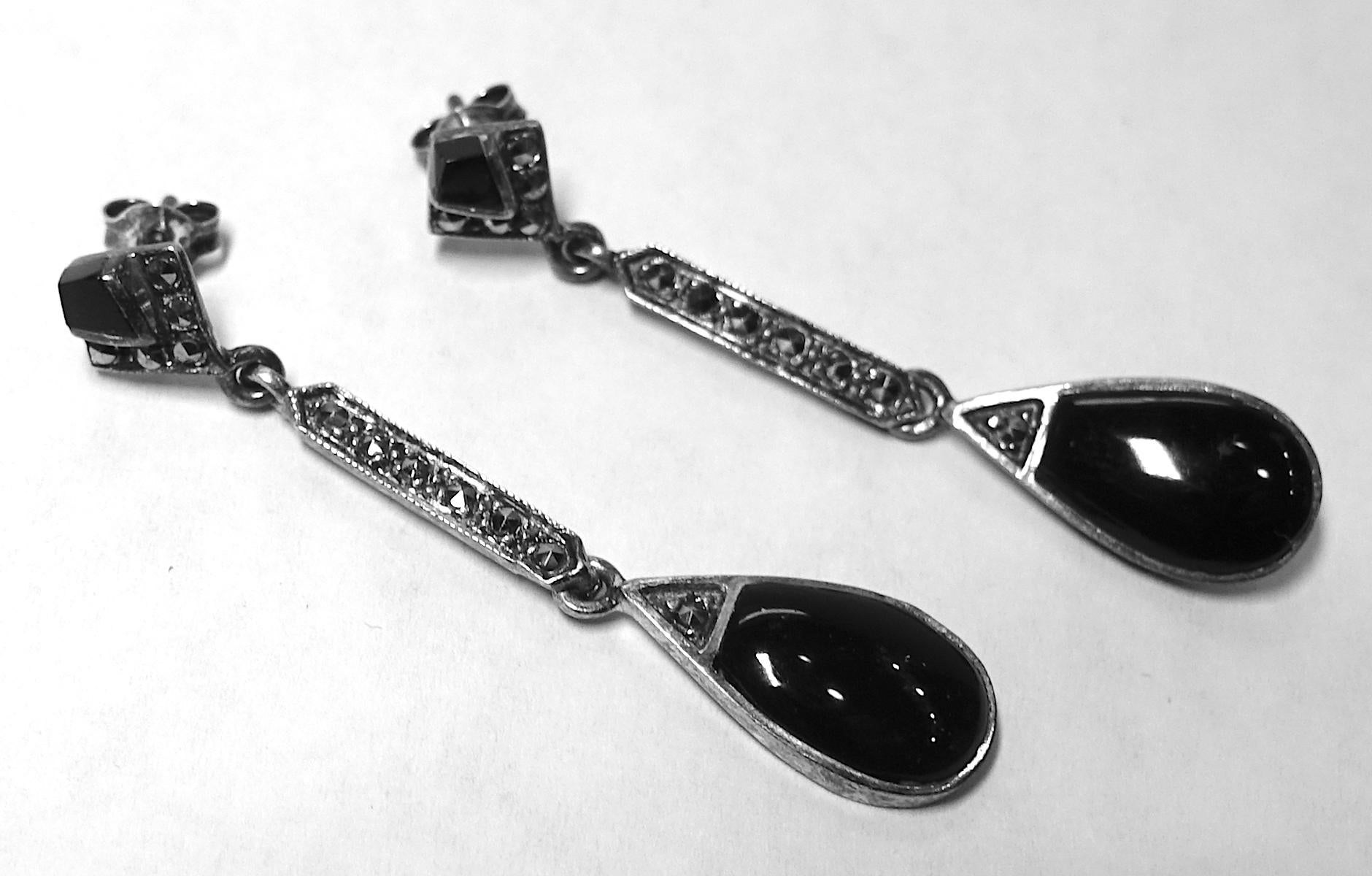 Women's Vintage Onyx, Marcasite, Sterling Silver Pierced Dangling Earrings For Sale