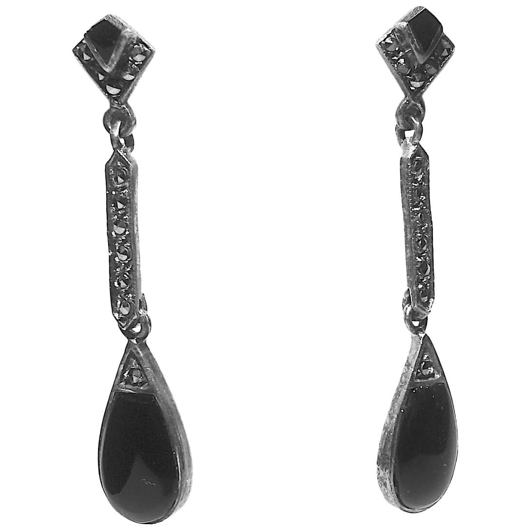 Vintage Onyx, Marcasite, Sterling Silver Pierced Dangling Earrings For Sale