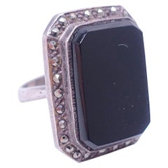 Retro Onyx, Marcasite & Sterling Silver Ring, Size 8
