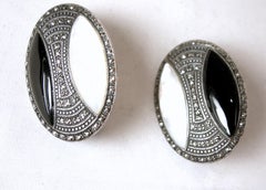 Vintage Onyx, Marcasites & Mother of Pearl Sterling Silver Earrings
