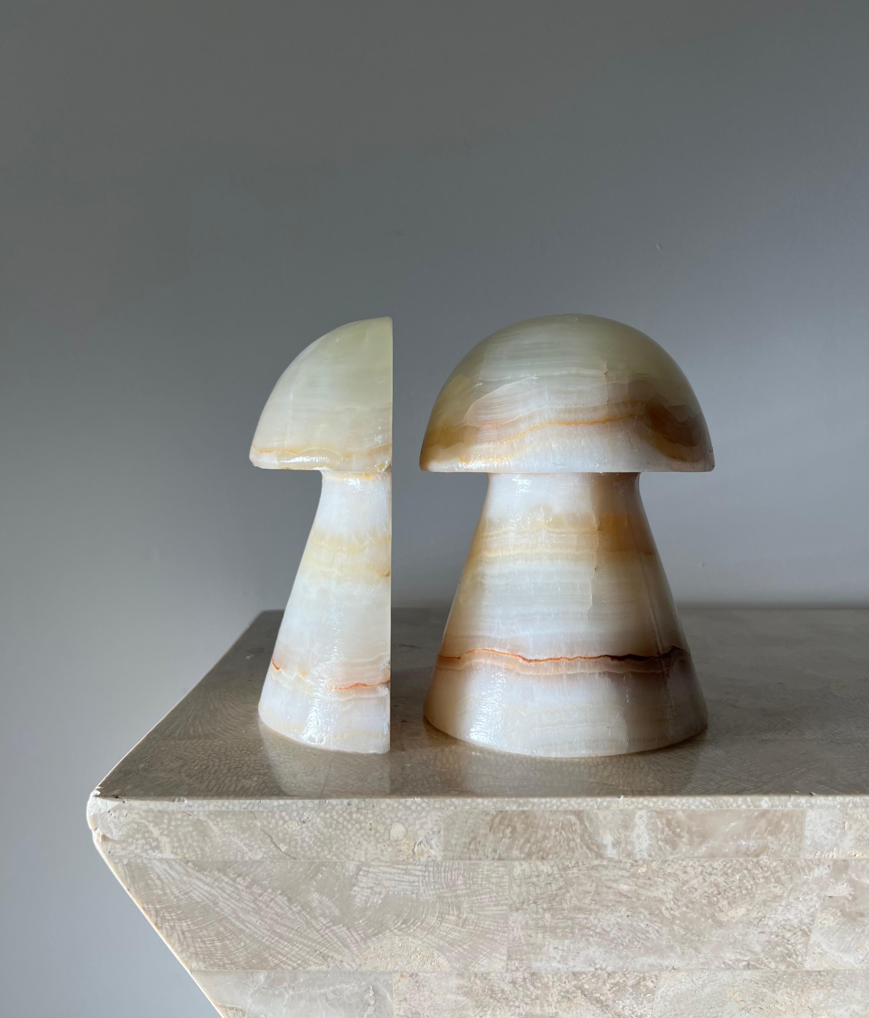 Hand-Carved Vintage Onyx Mushroom Bookends, 1970's