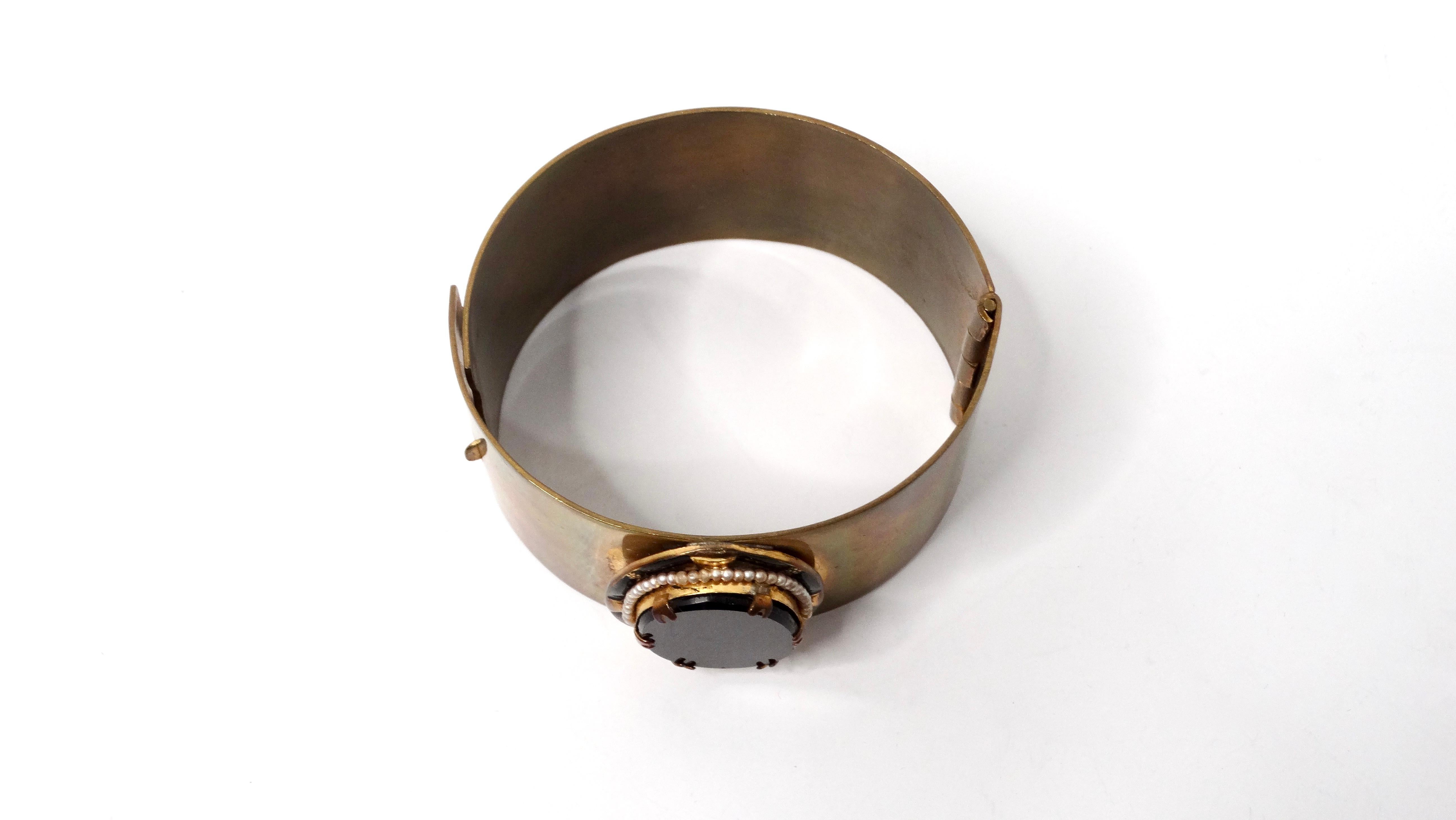 Women's or Men's Vintage Onyx & Pearl Embellished Brass Polished Cuff Bracelet For Sale