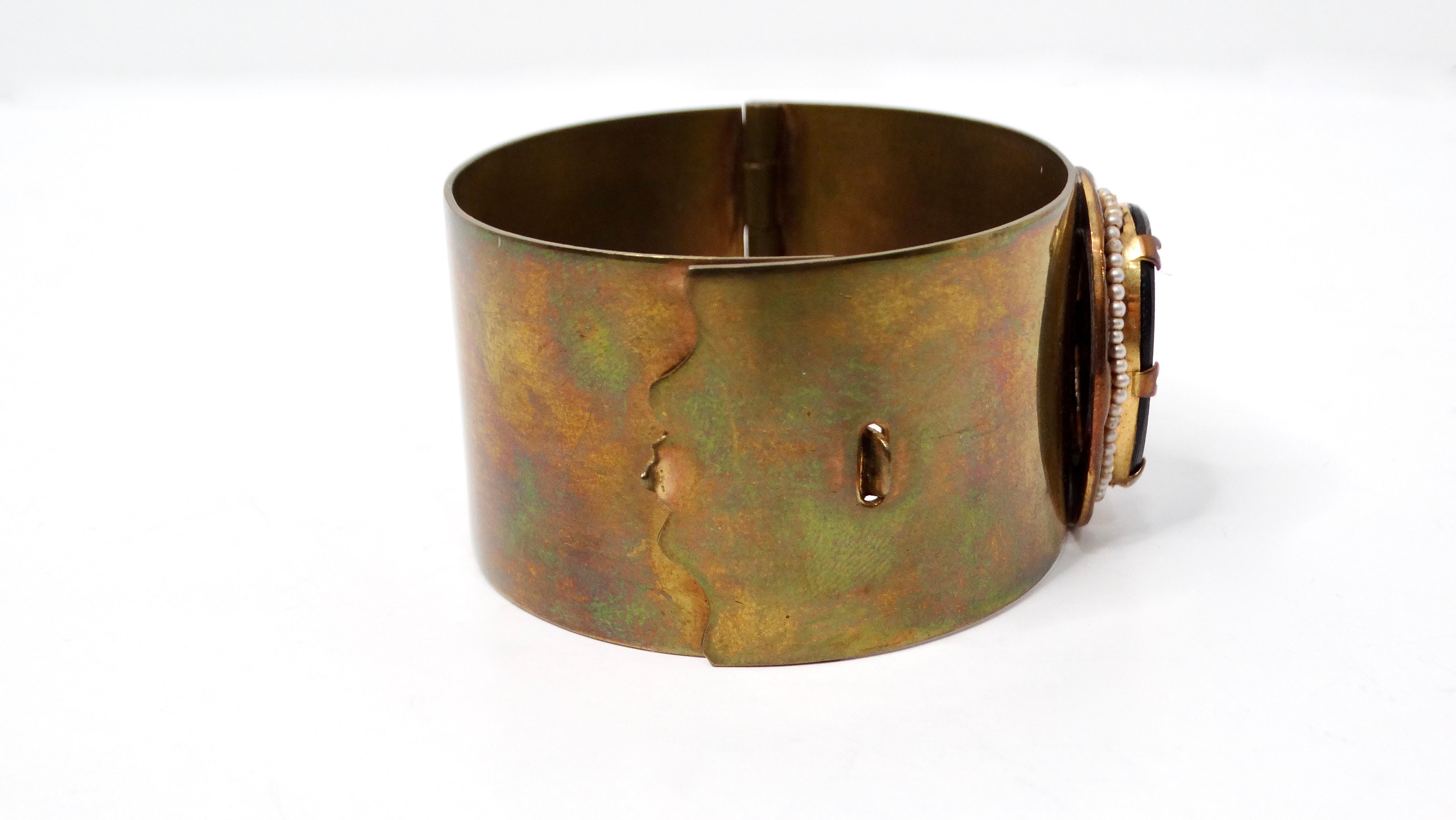 Vintage Onyx & Pearl Embellished Brass Polished Cuff Bracelet For Sale 1