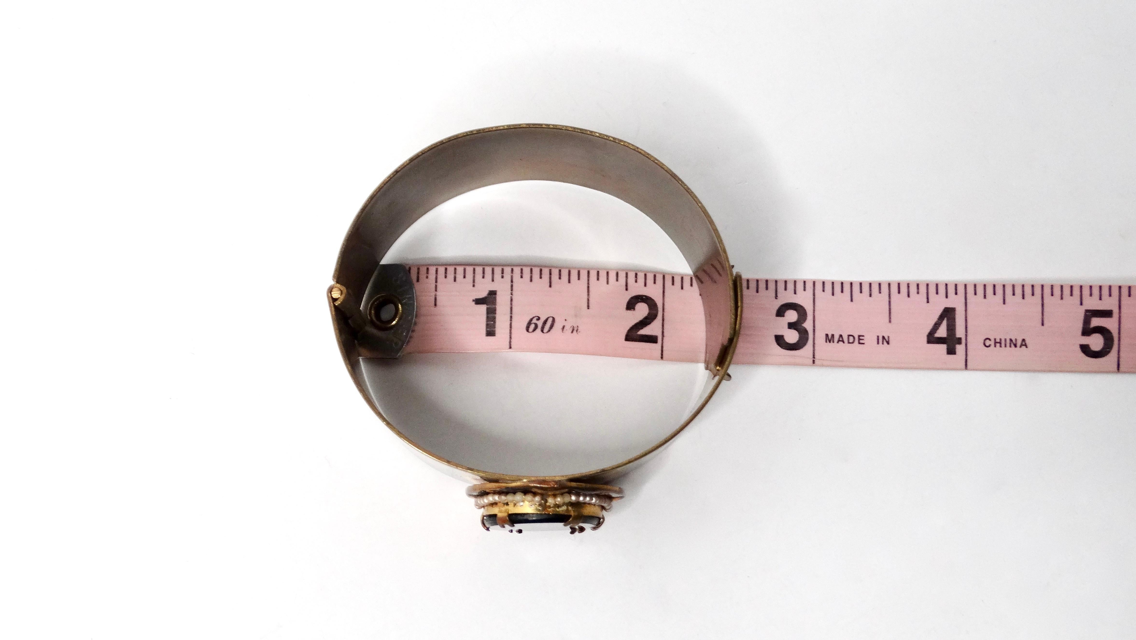 Vintage Onyx & Pearl Embellished Brass Polished Cuff Bracelet For Sale 2