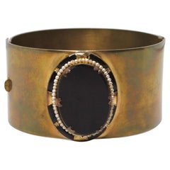 Vintage Onyx & Pearl Embellished Brass Polished Cuff Bracelet