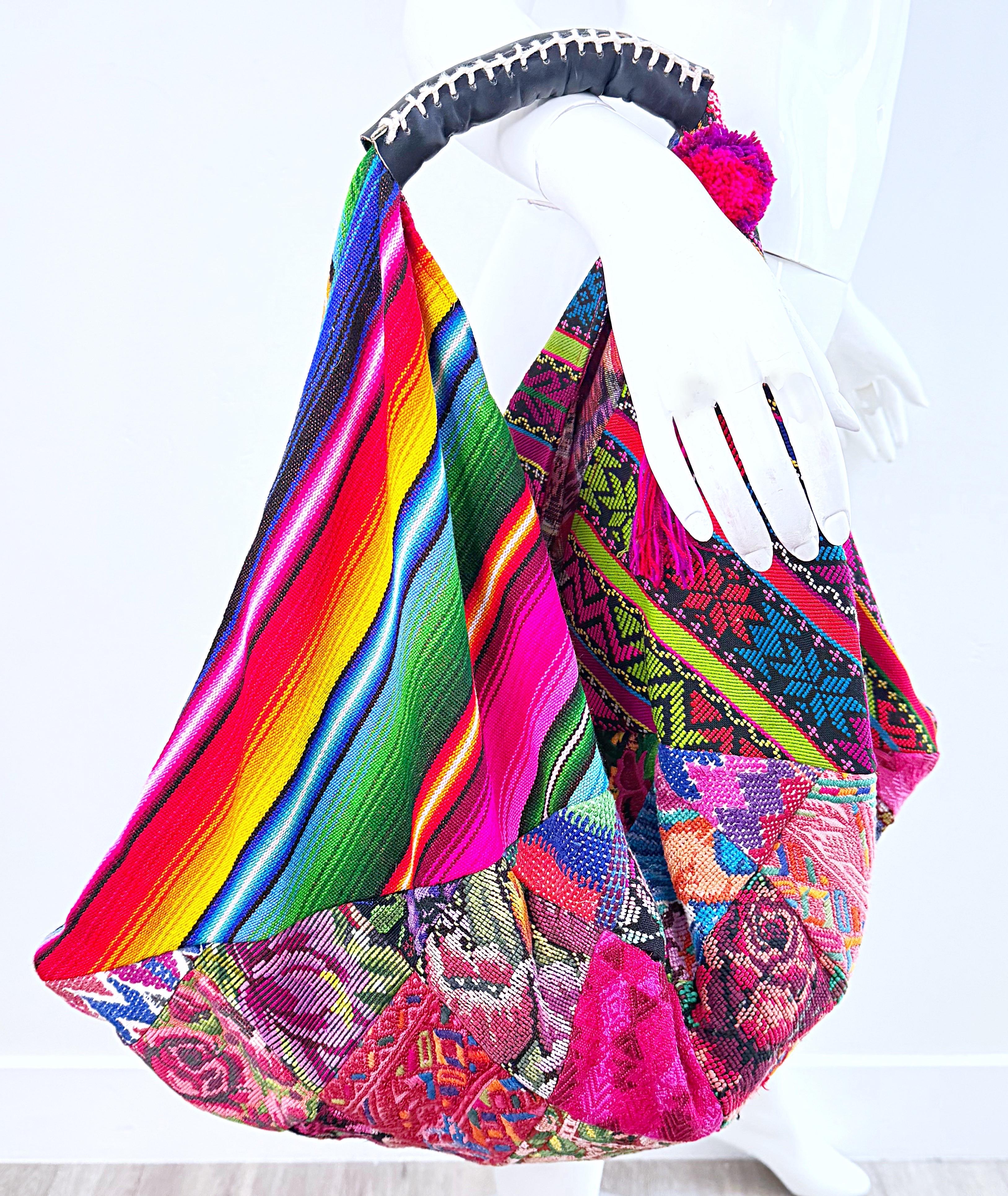 Vintage OOAK Bohemian Needlepoint Hand Embroidered XL 2000s Boho Hobo Bag In Excellent Condition For Sale In San Diego, CA