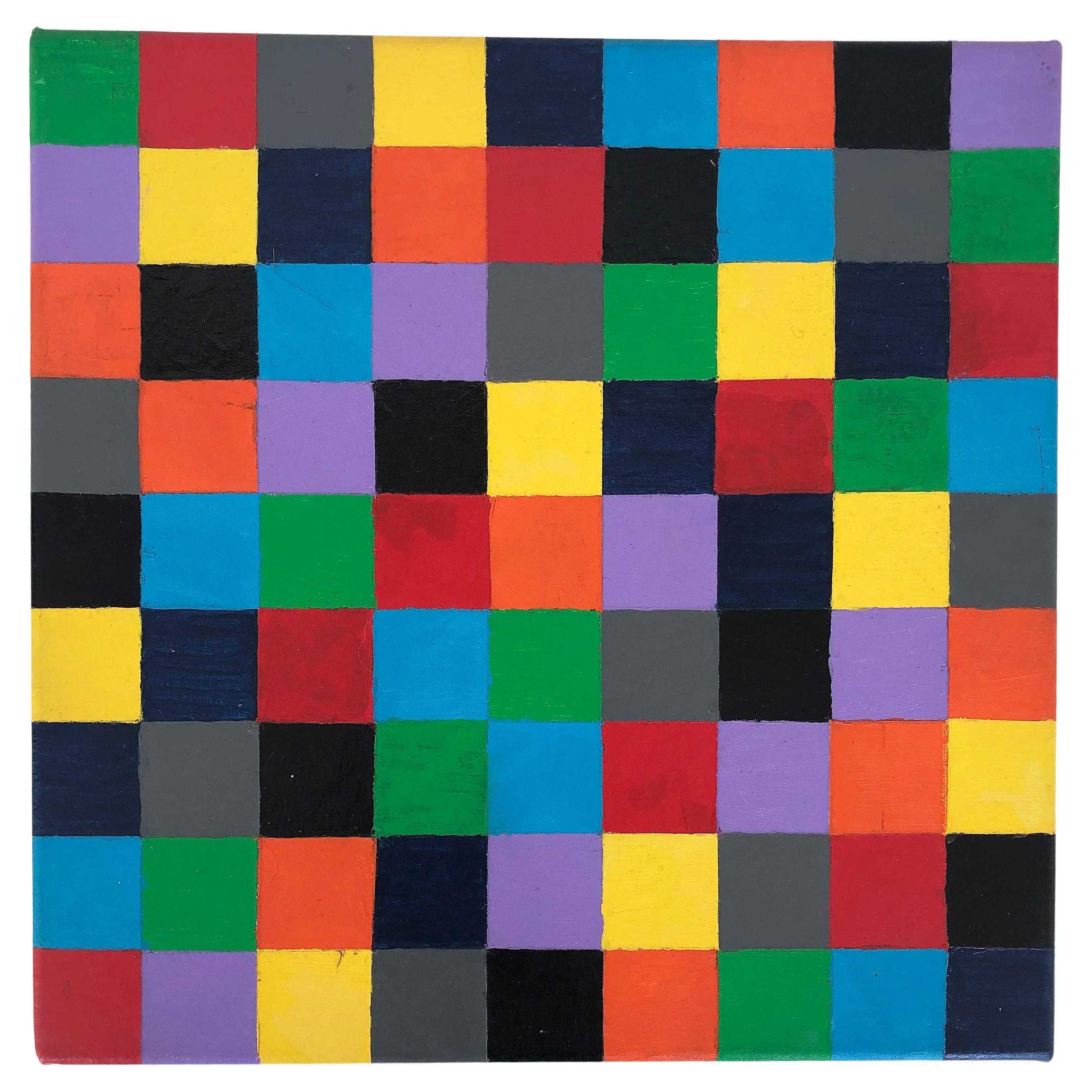 Vintage Op Art Pintura acrílica abstracta sobre lienzo "Cuadrados", sin firmar