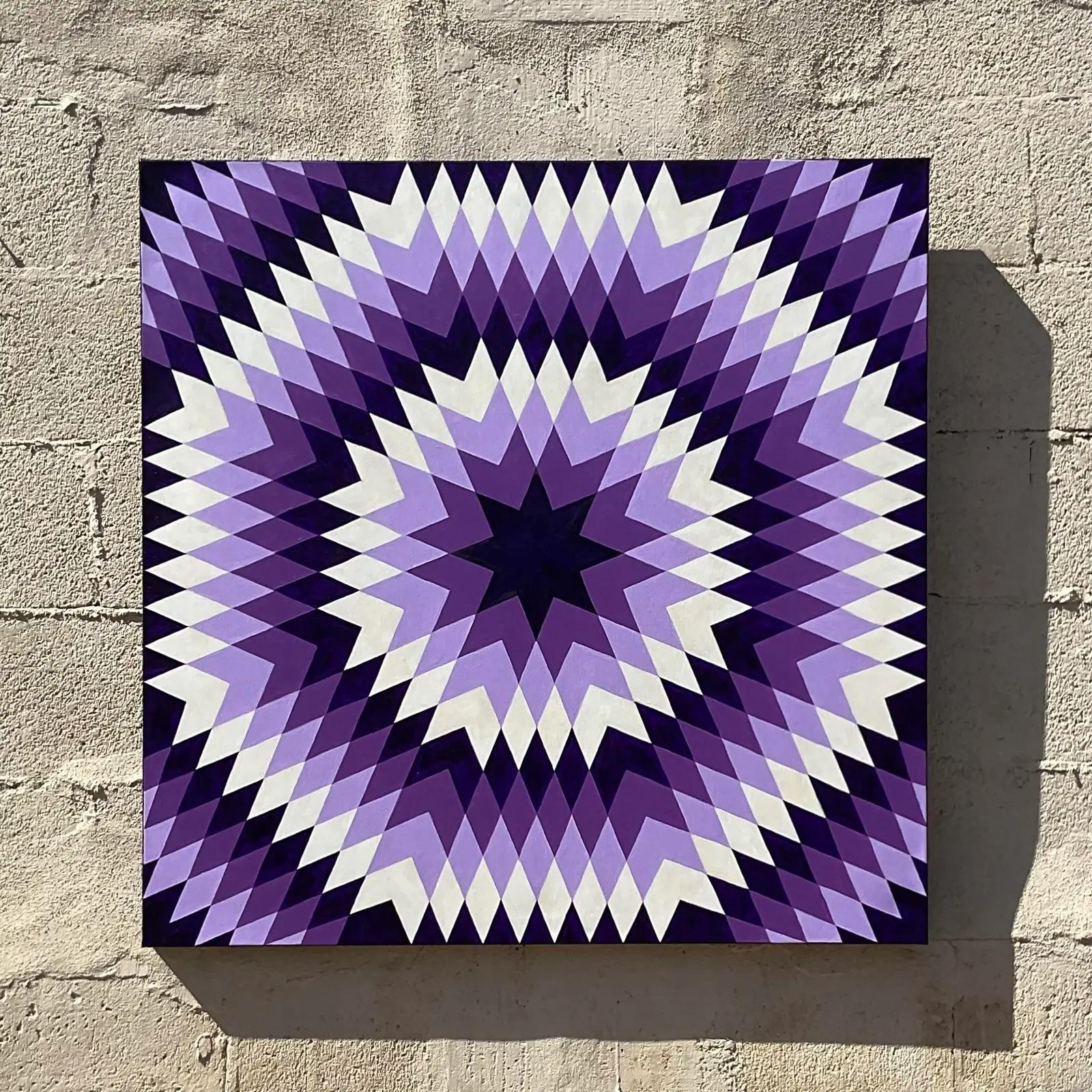 Fabuloso óleo original vintage firmado. Una hermosa pieza de Op Art con un elegante diseño geométrico. Firmado por el artista. Adquirida a una finca de Palm Beach.