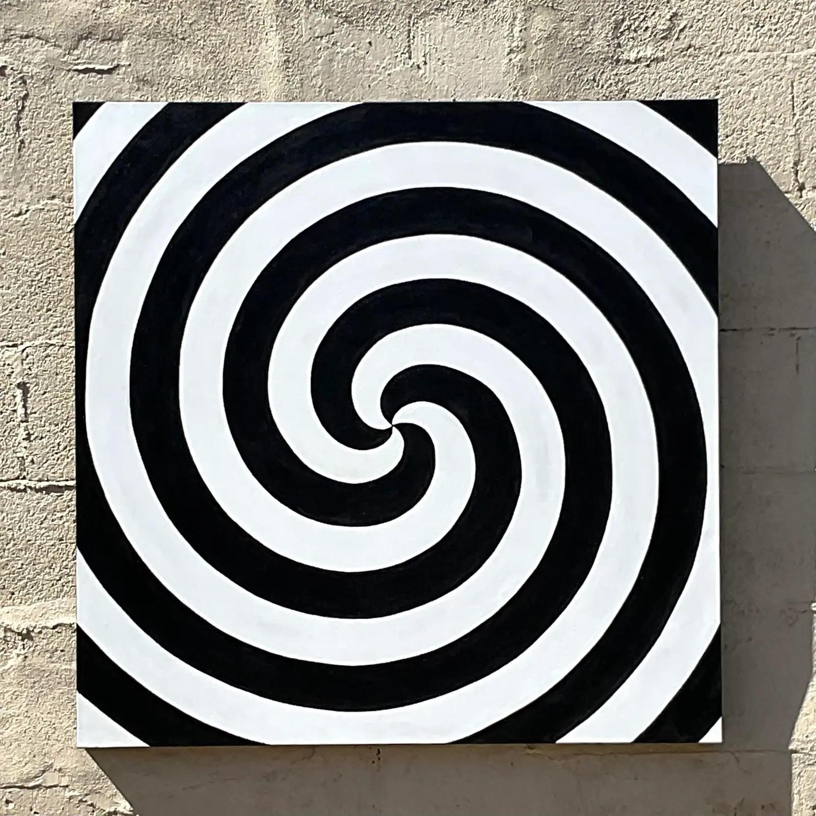 Fabulous vintage Signed 1969 original oil painting. A chic Op Art swirl design in black and white. Signed on the reverse. Acquired from a Palm Beach estate.