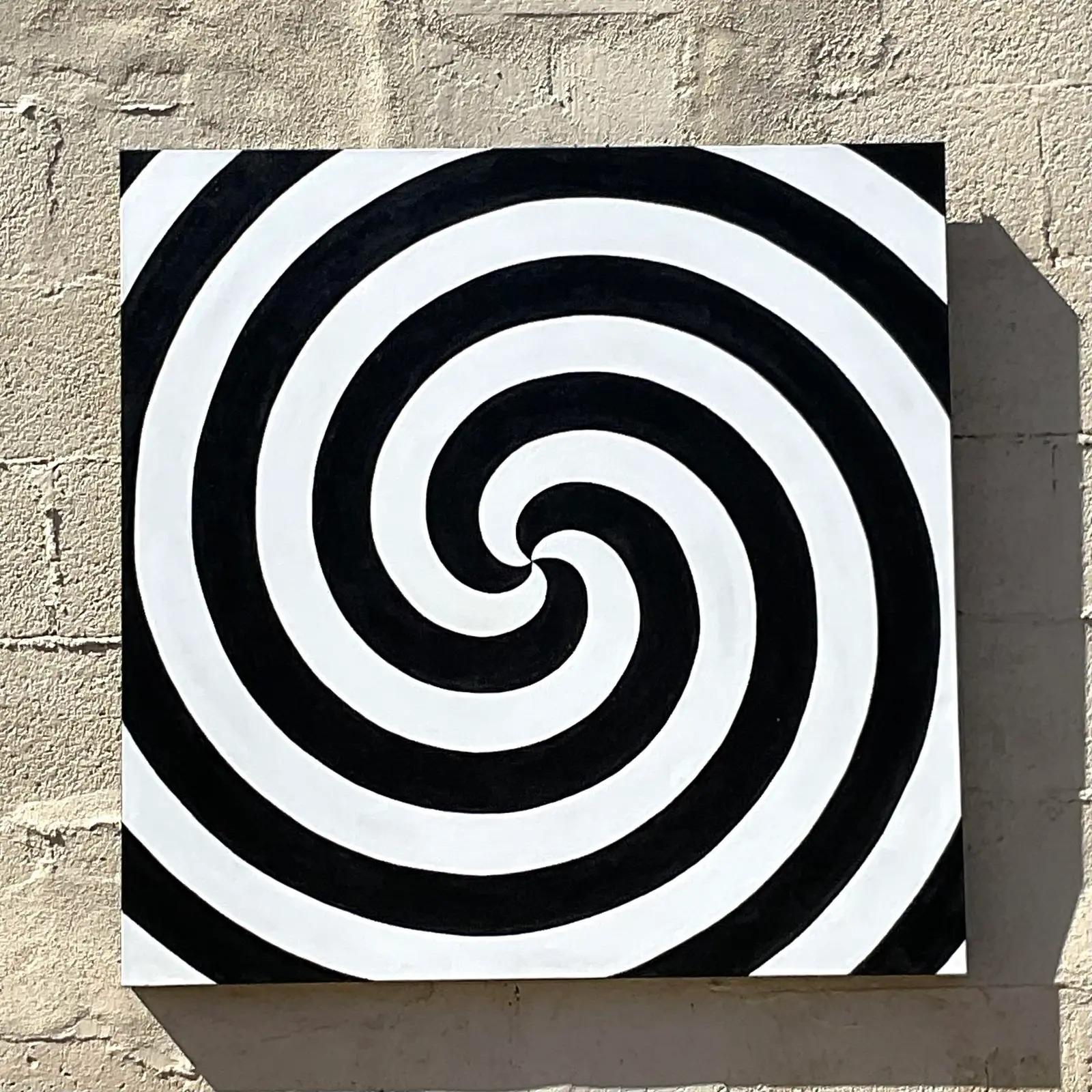 Vintage Op Art Swirl Signed Original Oil Painting 1969 In Good Condition In west palm beach, FL