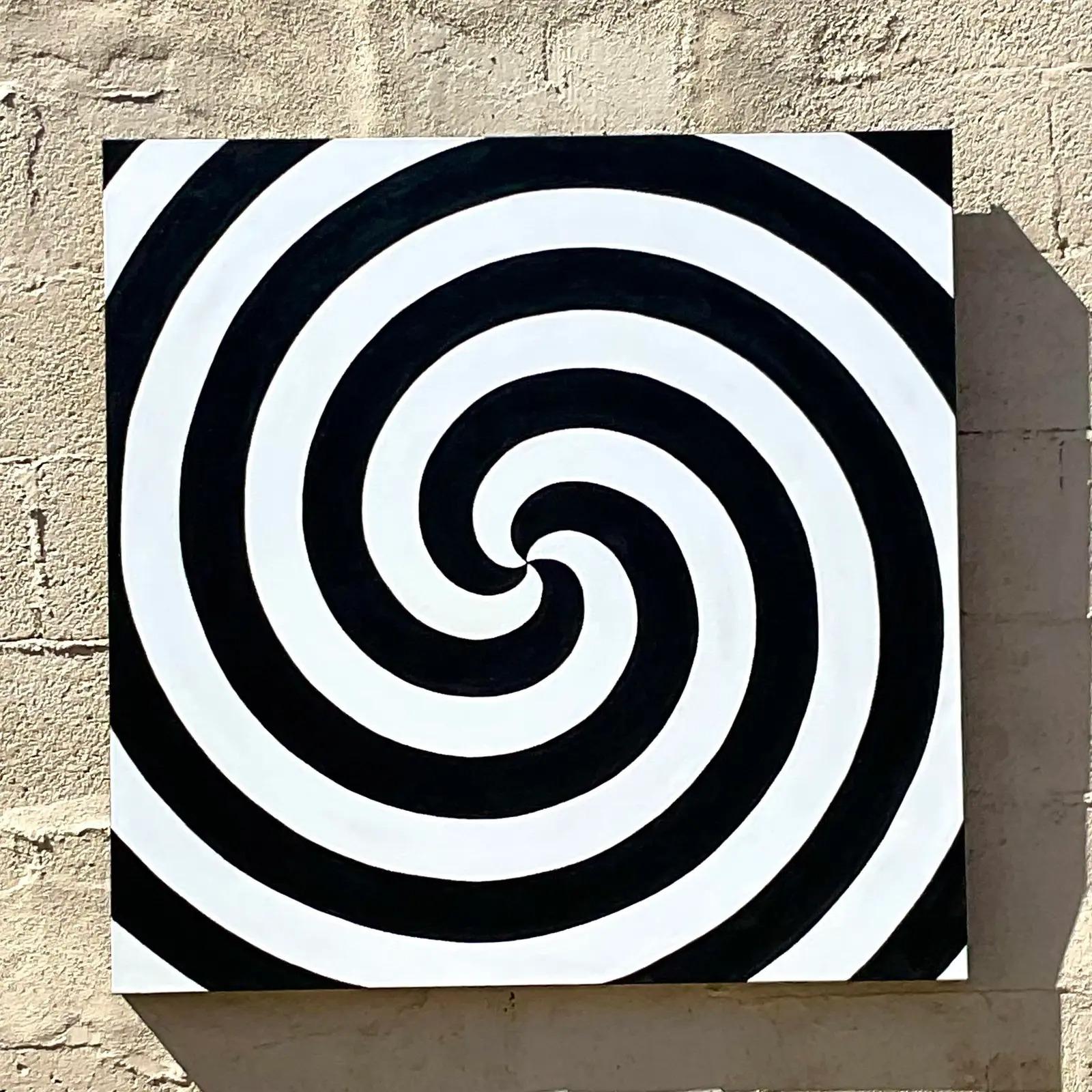 Mid-20th Century Vintage Op Art Swirl Signed Original Oil Painting 1969