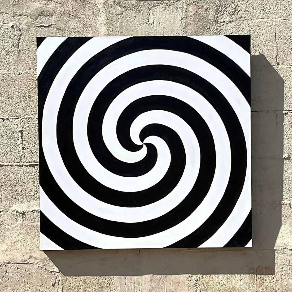 Fabulous vintage Signed original oil painting. A chic Op Art swirl design in black
and white. Signed on the reverse. Acquired from a Palm Beach estate.