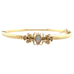 Vintage Opal and 14k Yellow Gold Filigree Hinged Bangle 1960s