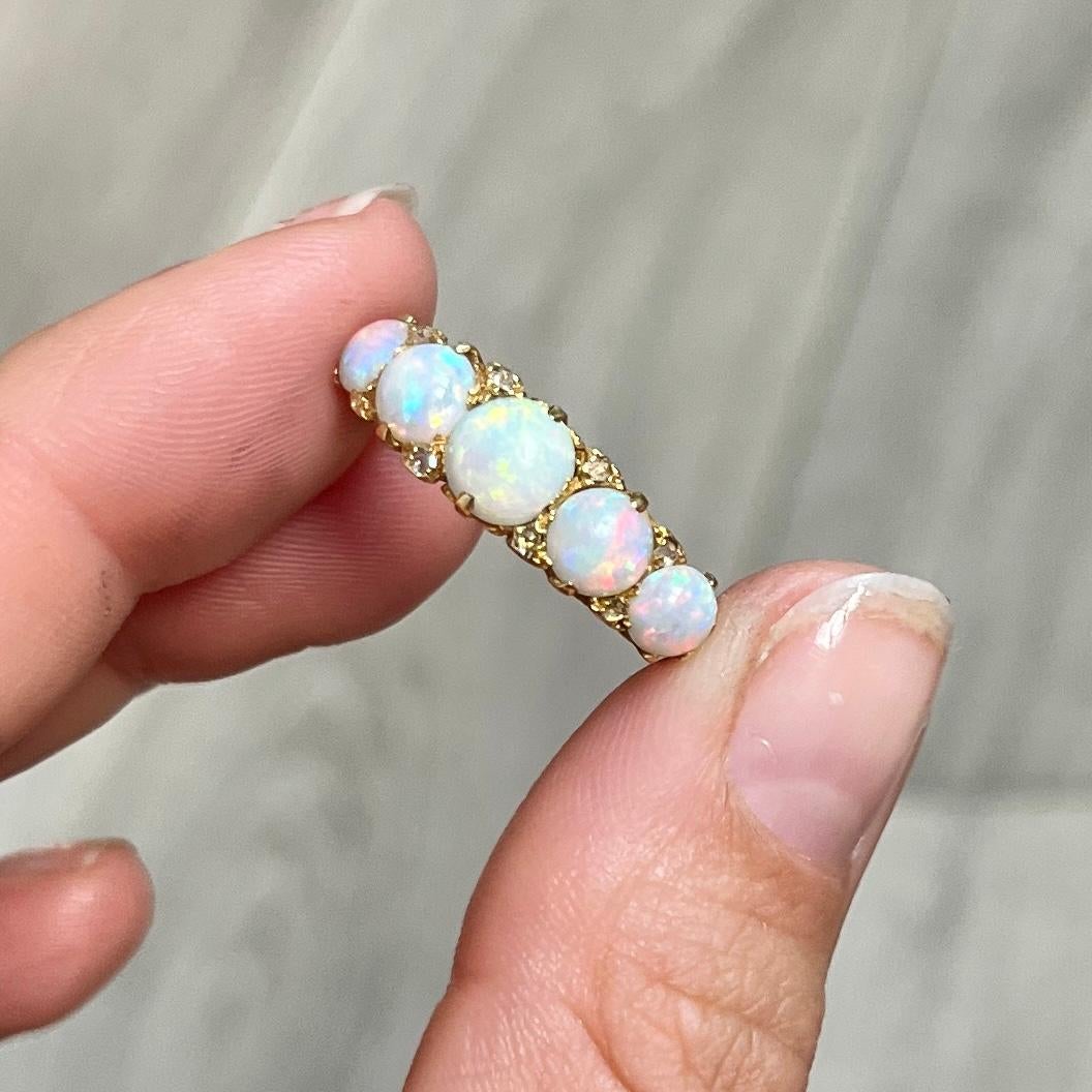 Cabochon Vintage Opal and 18 Carat Gold Five-Stone Ring For Sale