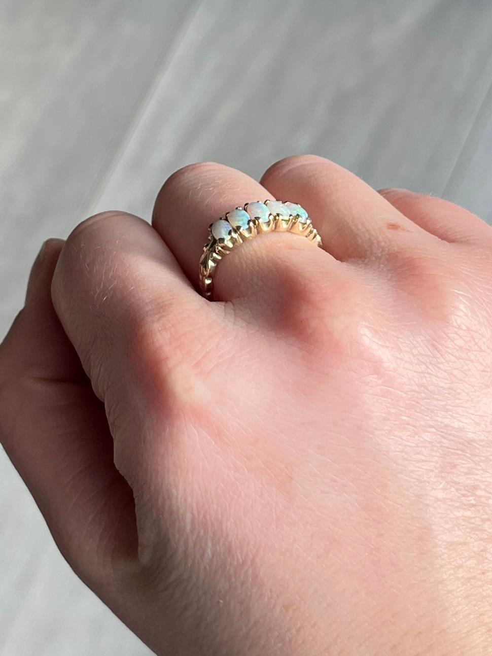 Cabochon Vintage Opal and 9 Carat Gold Five-Stone Ring For Sale