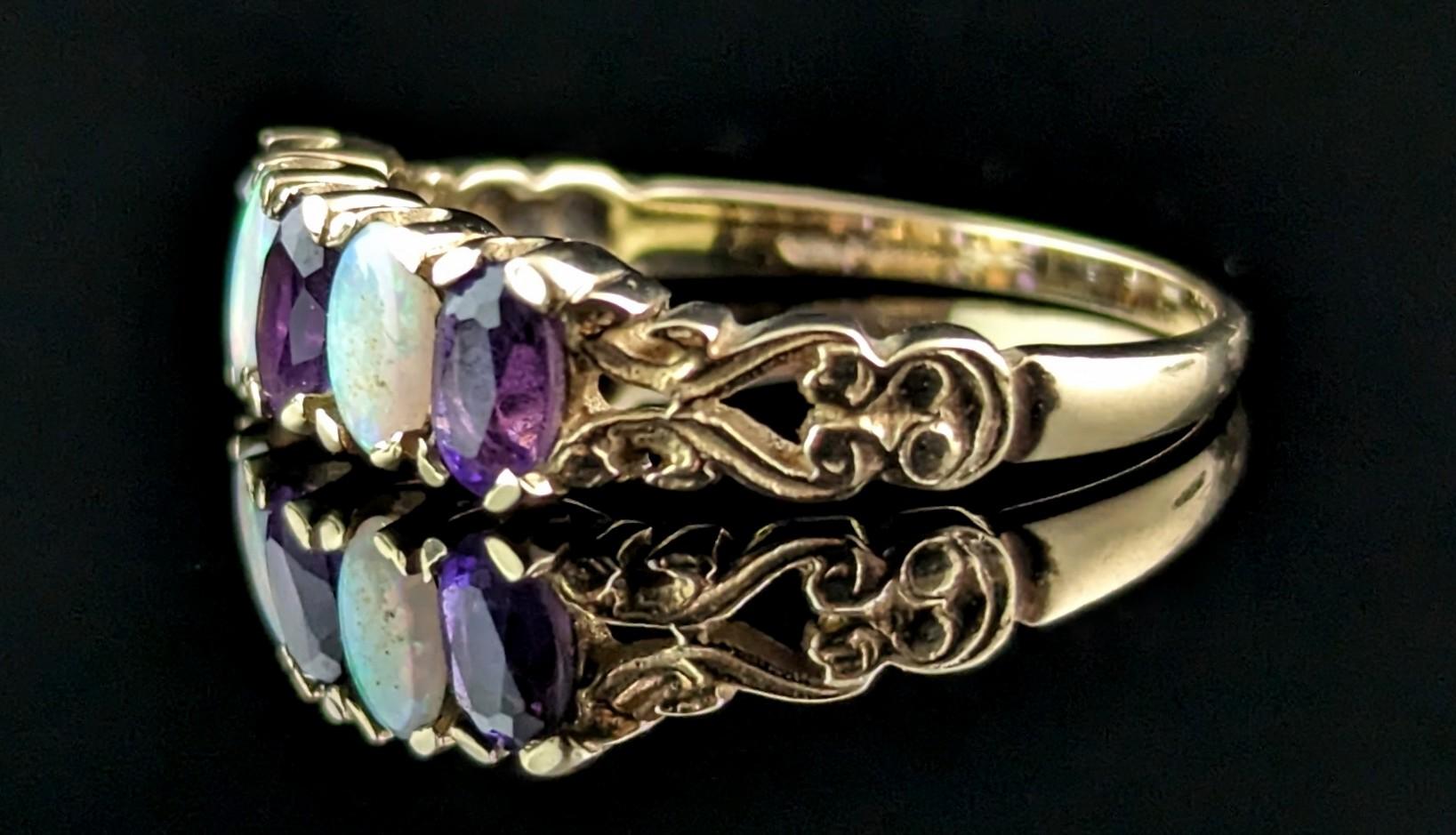 Cabochon Vintage Opal and Amethyst five stone ring, 9k yellow gold 