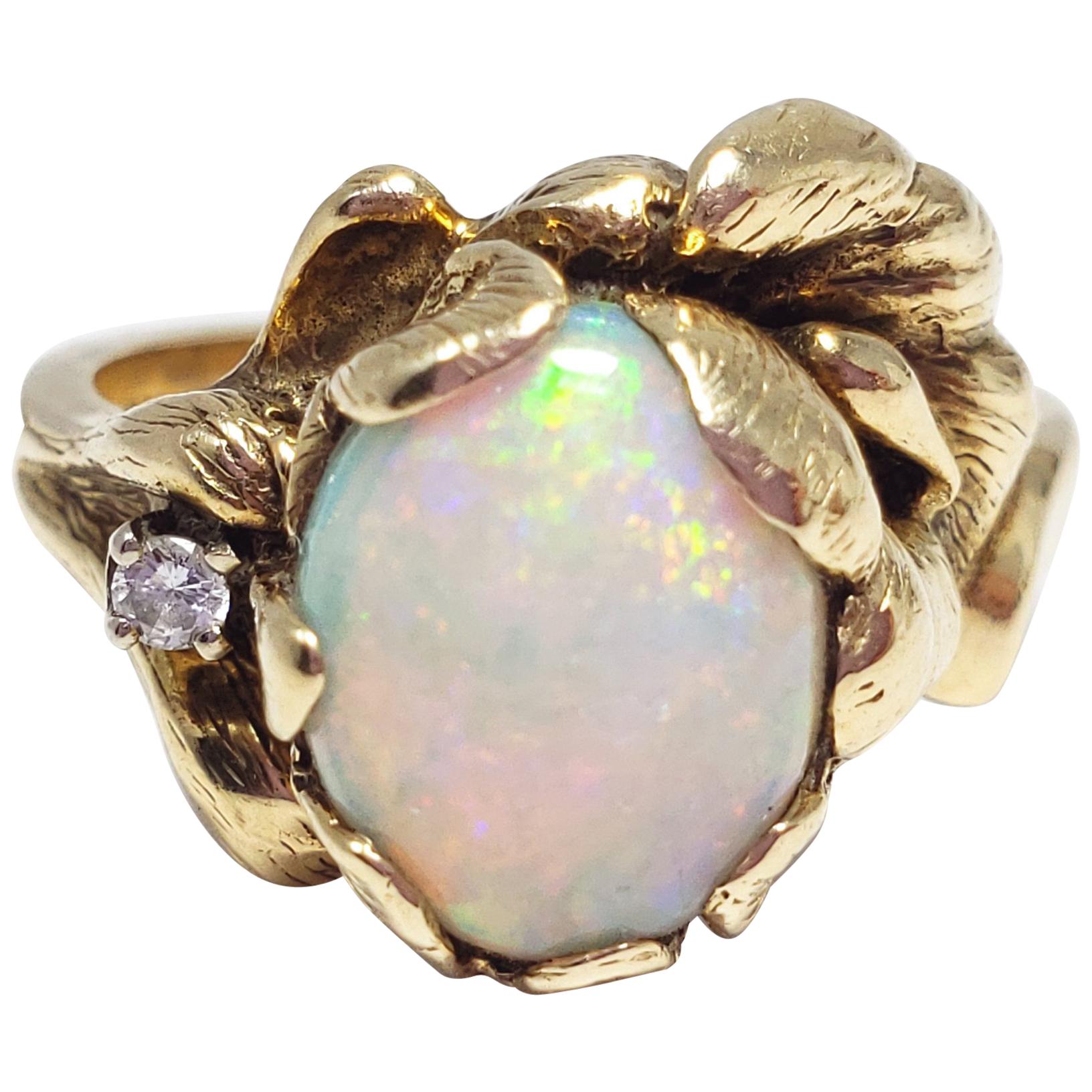 Vintage Opal and Diamond 14 Karat Floral Ring by Strell Size US 6