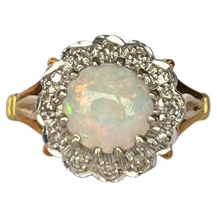 Bague grappe vintage en or 18 carats avec opale et diamants