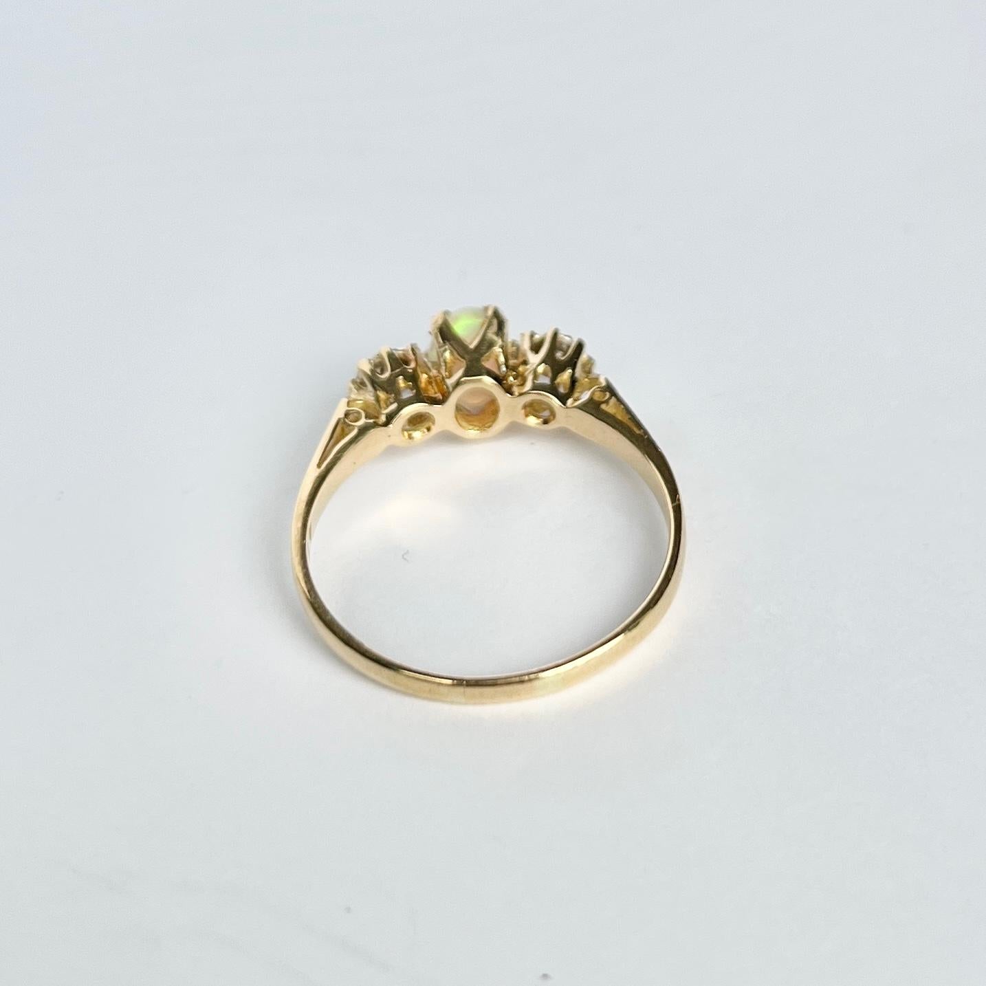 Vintage Opal and Diamond 18 Carat Gold Three-Stone Ring In Good Condition For Sale In Chipping Campden, GB
