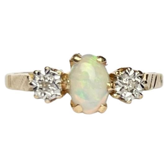 Vintage Opal and Diamond 18 Carat Gold Three-Stone Ring For Sale