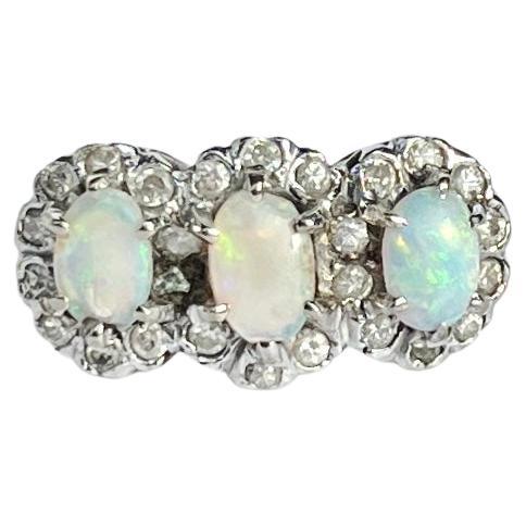 Vintage Opal and Diamond 18 Carat Gold Triple Cluster Ring