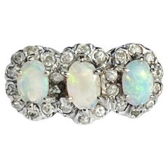 Vintage Opal and Diamond 18 Carat Gold Triple Cluster Ring