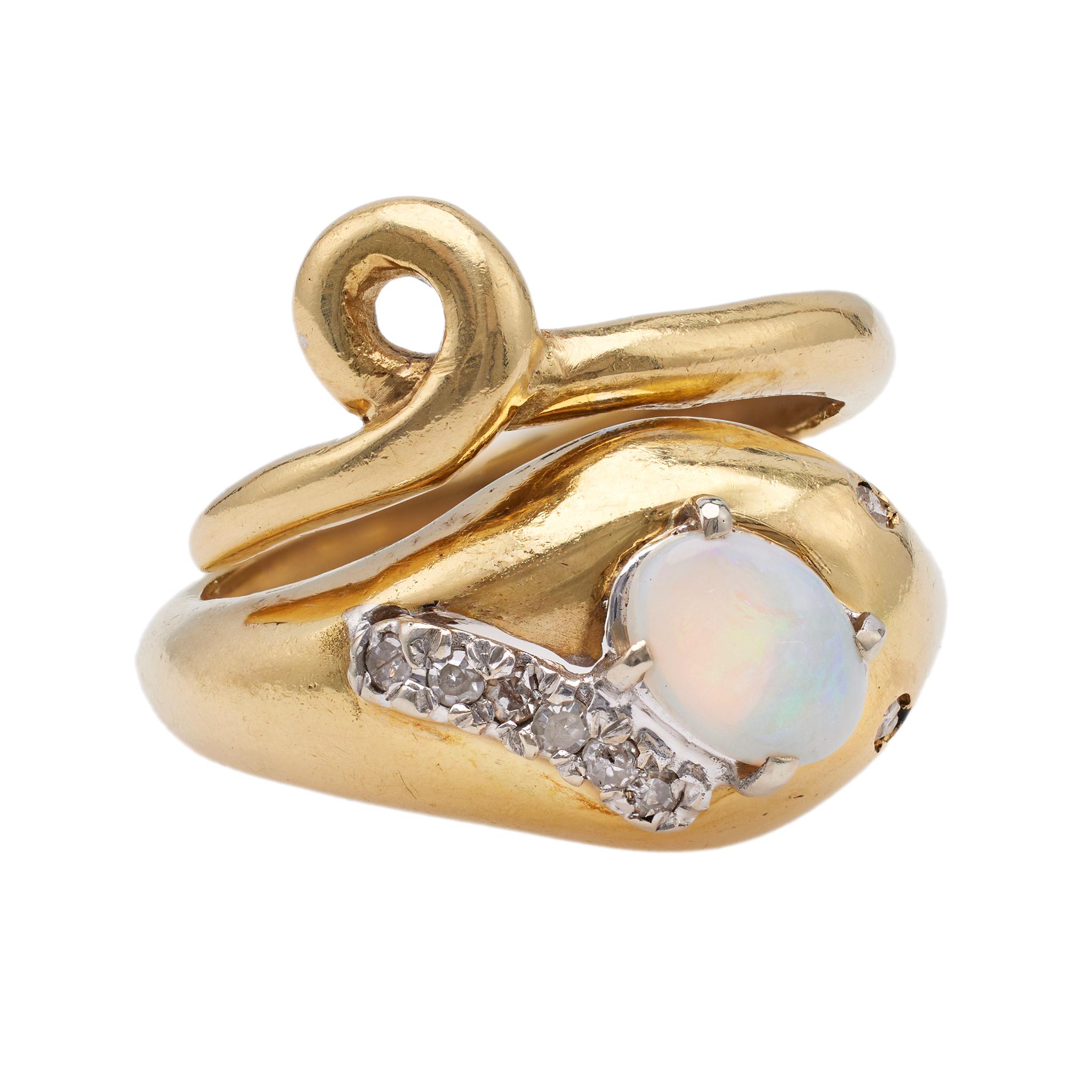 Women's or Men's Vintage Opal and Diamond 18k Yellow Gold Snake Ring For Sale