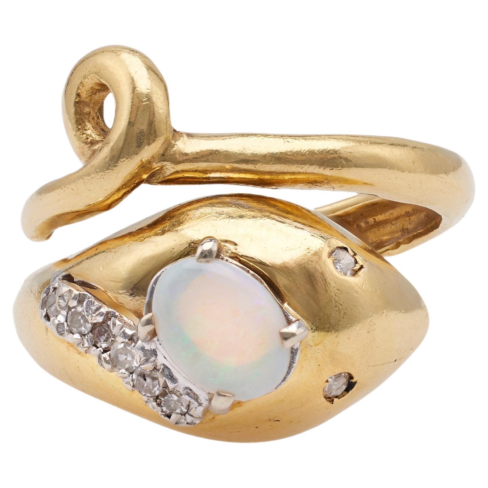 Vintage Opal and Diamond 18k Yellow Gold Snake Ring For Sale