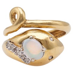 Retro Opal and Diamond 18k Yellow Gold Snake Ring