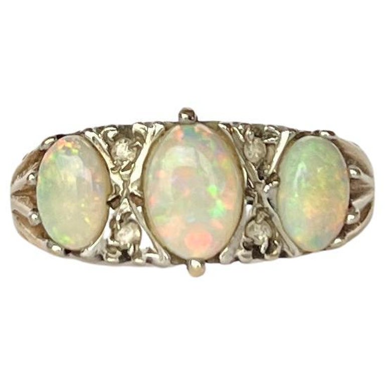 9ct Gold Natural Opal & Diamond Ladies Three Stone Ring size L