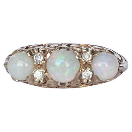 Vintage Opal and Diamond 9 Carat Gold Three-Stone Ring For Sale